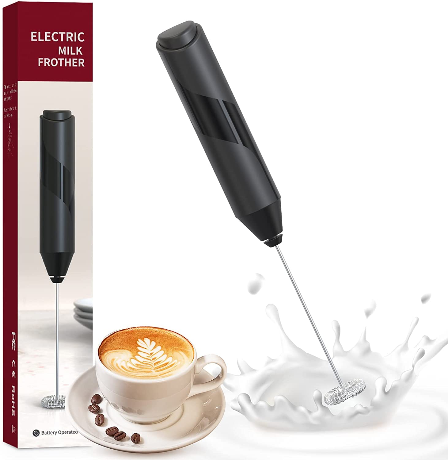 Electric Milk Frother for Coffee, Latte & Hot Chocolate - Handheld Battery Operated Mini Frother with Stainless Steel Whisk - Perfect for Home, Office & Travel Use