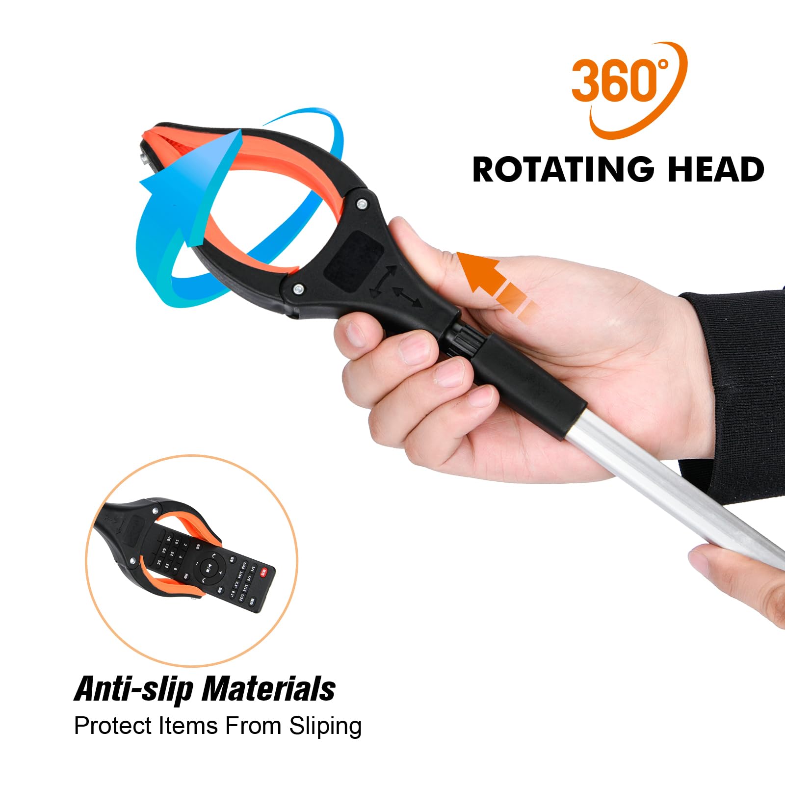 2-Pack 32 Inch Foldable Reacher Grabber Tool with 4 Inch Wide Jaw & 360° Rotating Head - Mobility Aid Assist Grabber for Seniors & Disabled - Ideal for Picking Up Trash, Reaching High Shelves & Daily Living Assistance (Orange)