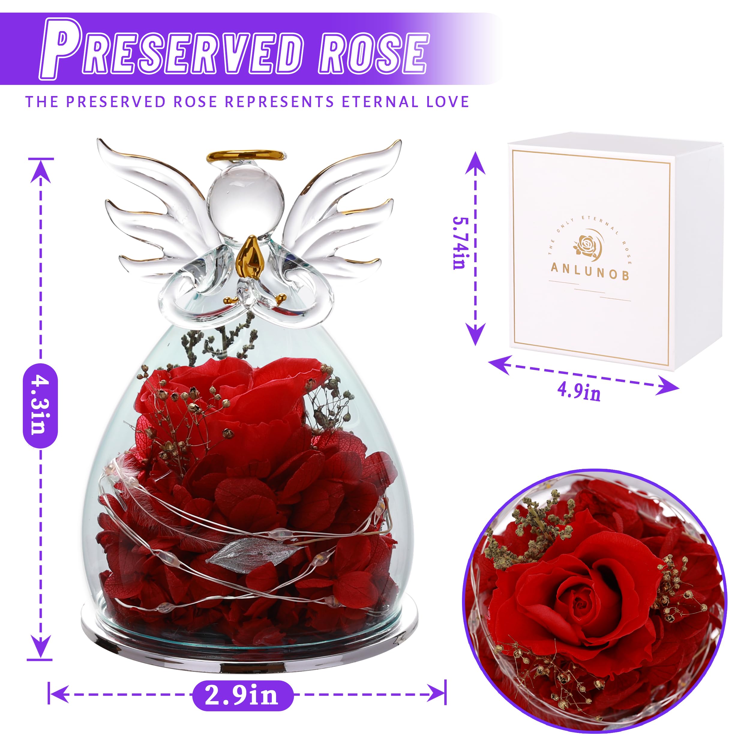 ANLUNOB Preserved Rose Gift with LED Light - Eternal Flower for Mother's Day, Anniversary, Birthday, Valentine's Day - Perfect Gift for Mom, Girlfriend, Wife, Grandma - Romantic Home Decor & Keepsake