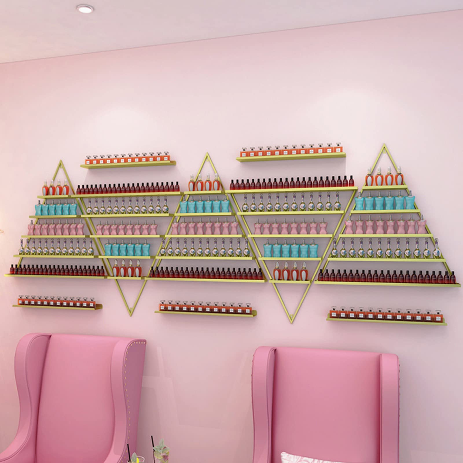 10-Piece Metal Nail Polish Organizer Set - 5-Tier Wall Mounted Display Rack Holds 550 Bottles, Gold Triangle Essential Oil & Nail Polish Storage Shelf for Salon, Spa & Home Decor
