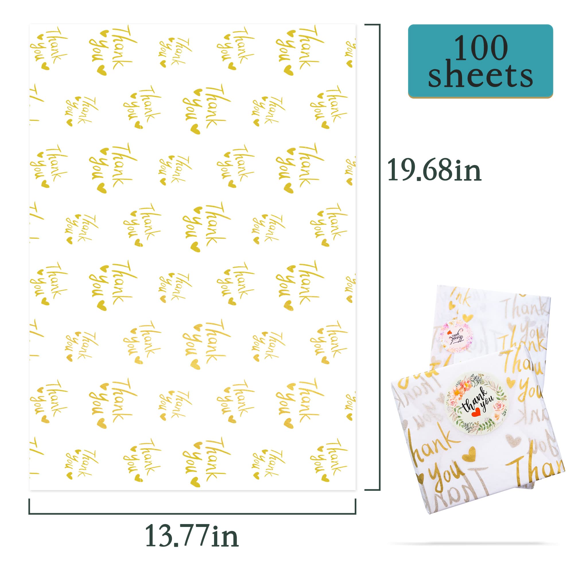 MR FIVE 100 Sheets White & Metallic Gold Thank You Tissue Paper Bulk Pack - 20