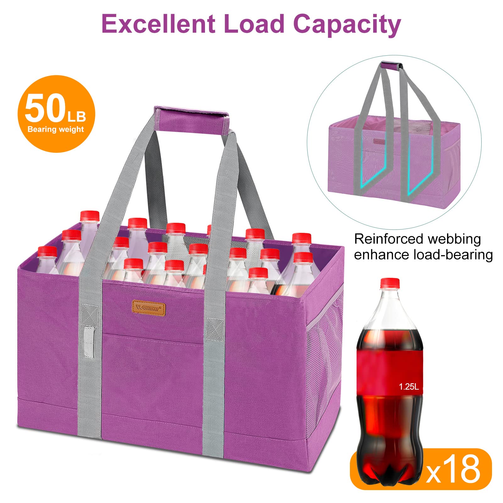 WONDAY Extra Large Reusable Grocery Bags - Foldable Utility Tote for Women, Heavy Duty Shopping Bags for Groceries, Storage, Picnic, Beach & Pool | Perfect for Eco-Friendly Shopping, Travel & Outdoor Activities (Rose Red)