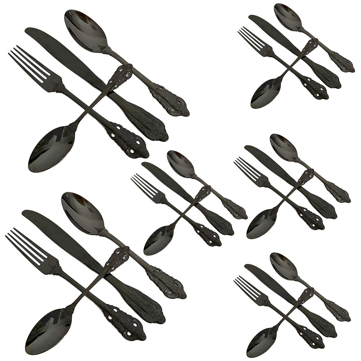 24-Piece Pure Black Kitchen Silverware Set - 304 Stainless Steel Flatware Service for 6, Elegant Dinnerware Cutlery Set with Forks, Spoons & Knives - Round Edge & Mirror Polish - Perfect for Home, Restaurant & Party Dining