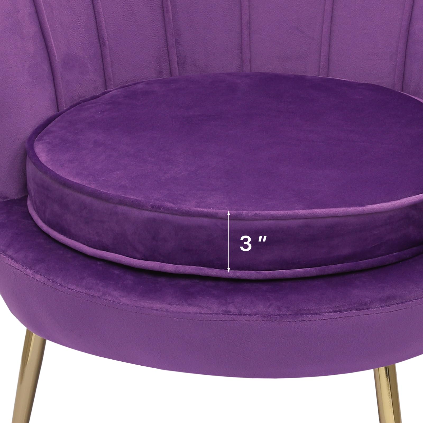 Magshion Velvet Vanity Chair with Backrest - Purple Accent Chair with Golden Legs, Scalloped Design & Soft Pillow - Upholstered Armchair with Footrest for Dressing Table, Bedroom, Living Room & Makeup Area
