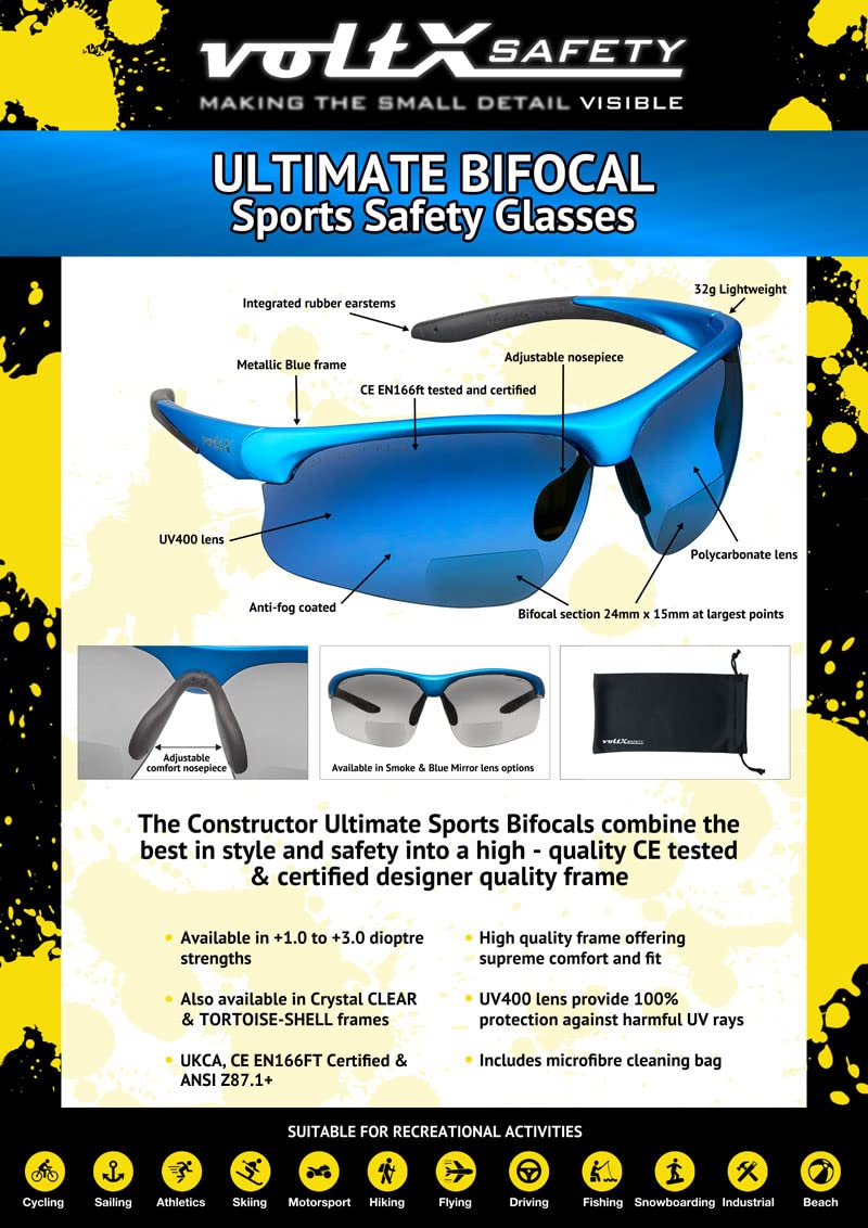 VoltX CONSTRUCTOR ULTIMATE Bifocal Safety Glasses - Blue Frame with Blue Mirror Lens +1.5 Dioptre - CE EN166FT Certified - Anti-Fog UV400 Protection - Premium Cycling & Sports Eyewear - Ideal for Construction, Woodworking, and Outdoor Activities
