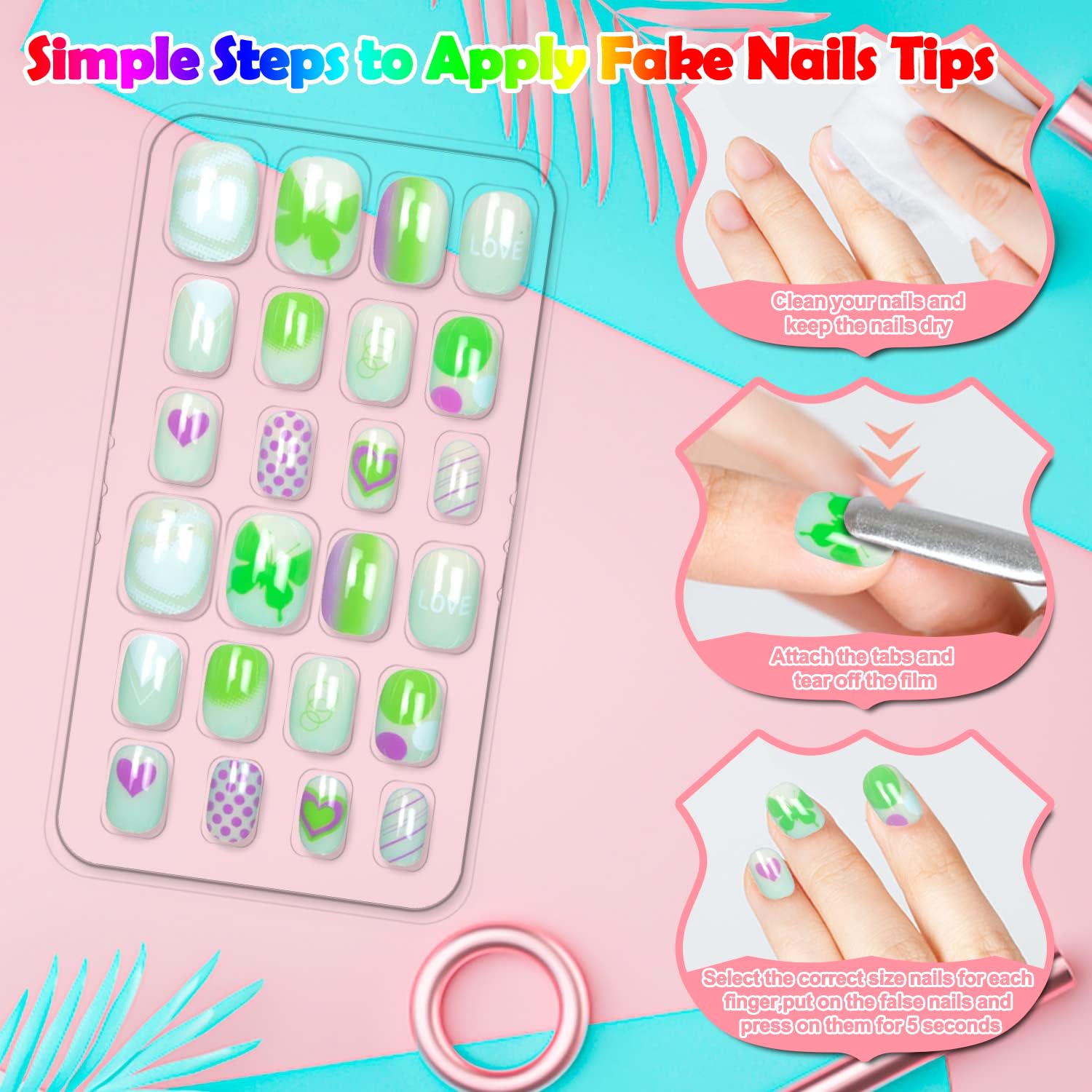 144 Pieces Kids Press on Nails - Short Acrylic Fake Nails for Girls with Lovely Patterns | Full Cover Artificial Nail Tips Kit | Perfect for Birthday Parties, Playdates & Nail Art Fun