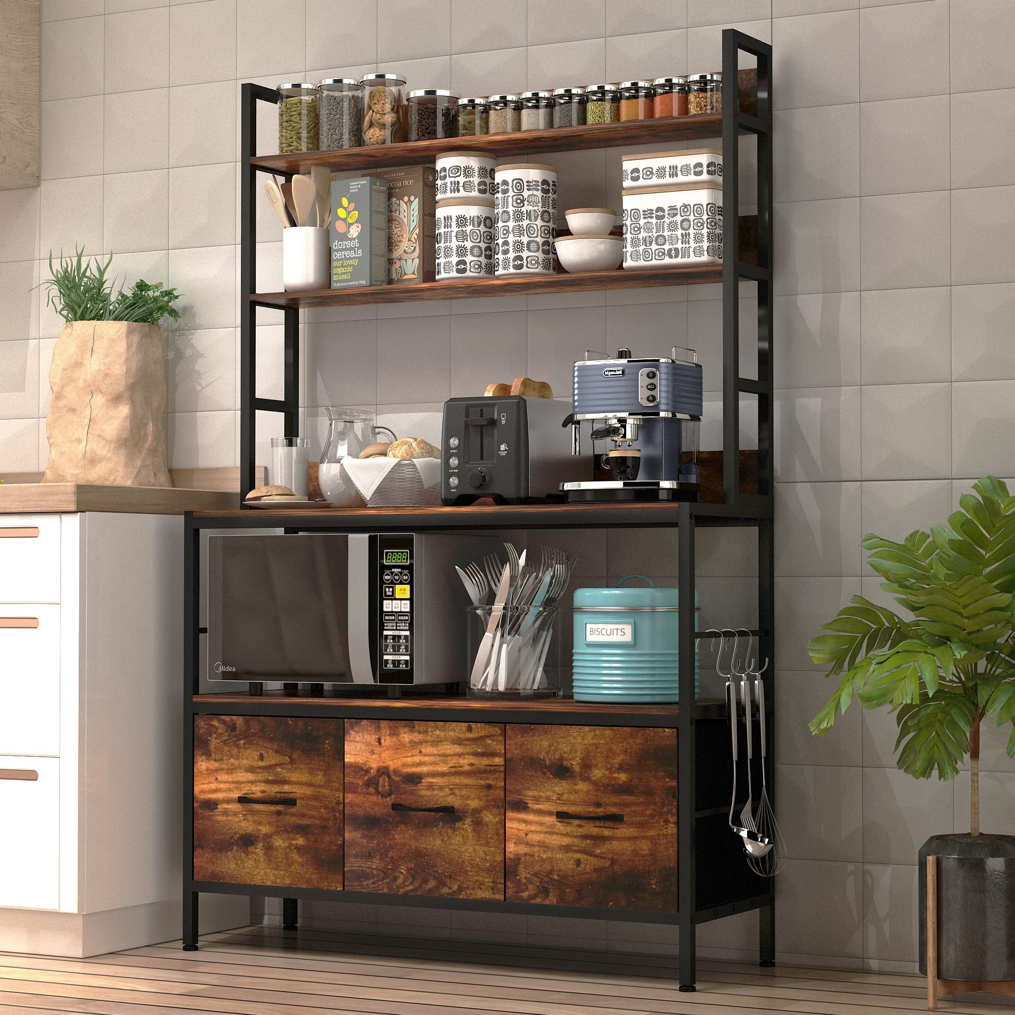 5-Tier Metal Kitchen Bakers Rack with Storage Baskets & Hooks - Free Standing Storage Shelf for Microwave Oven, Spice Jars & Cookware - Perfect for Small Kitchen Organization & Pantry Storage