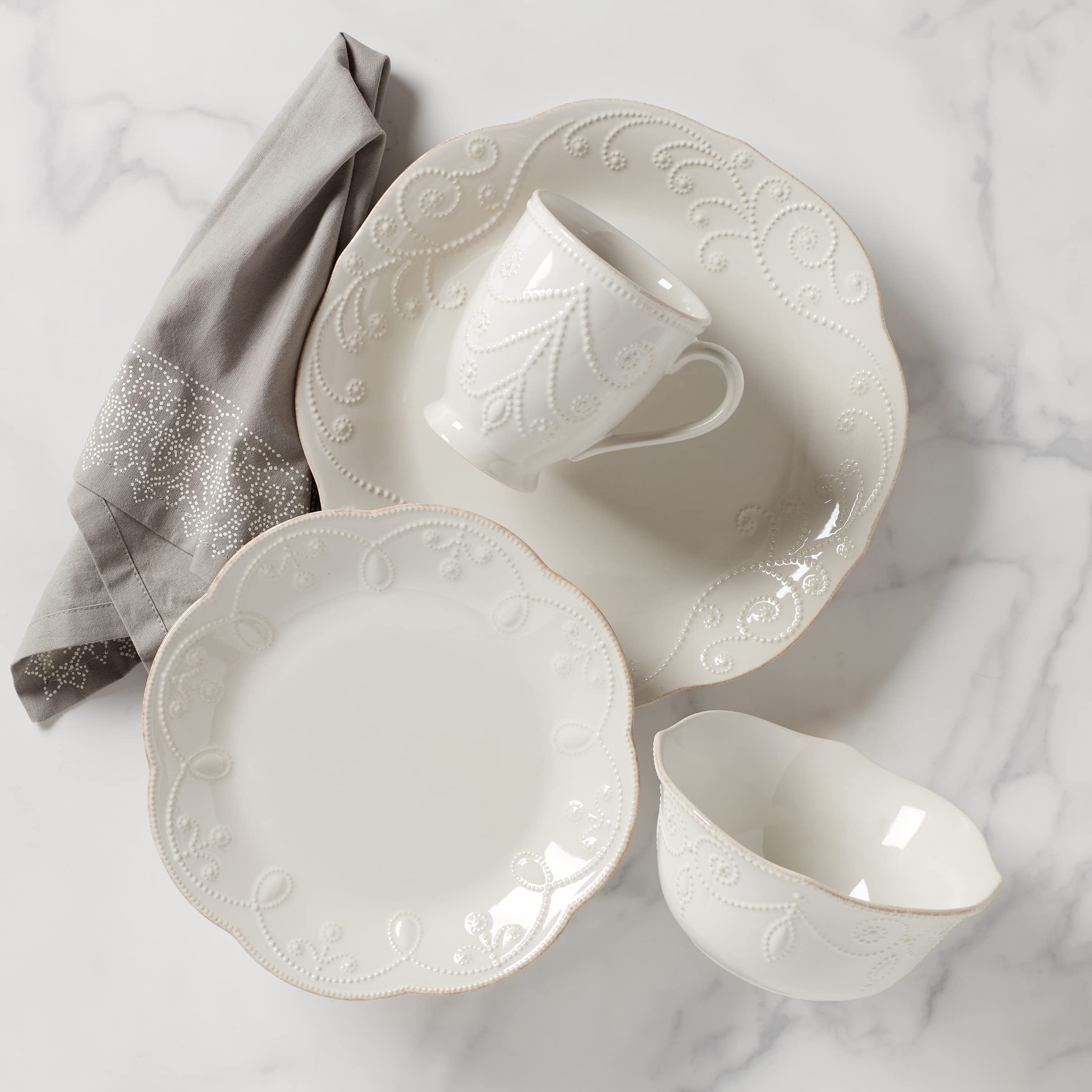 Lenox Off-White French Perle 4-Piece Place Setting & Vintage Jewel 5-Piece Dinnerware Set - Elegant Tableware for Fine Dining, Wedding Registry & Special Occasions