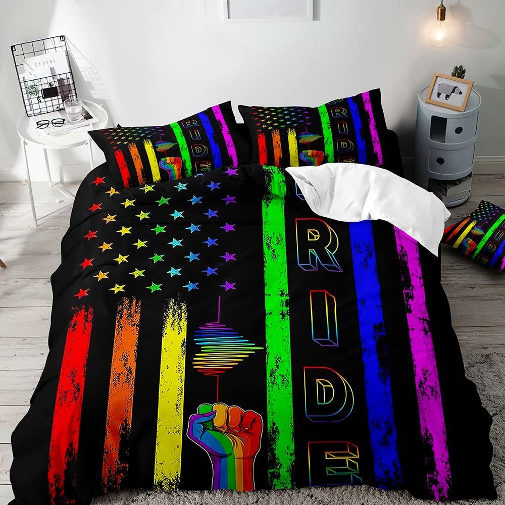VIVIHOME 2-Piece Rainbow American Flag Duvet Cover Set - Twin Size LGBTQ Pride Bedding with 1 Pillowcase - Black Lesbian Gay Pride Comforter Cover for Bedroom Decor - Perfect for Pride Parades, LGBTQ Events & Inspirational Gifts