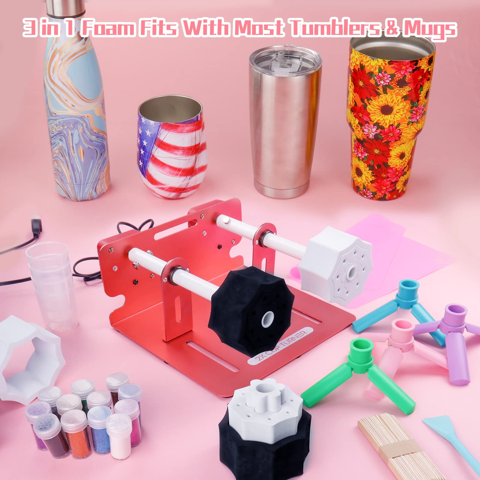 2X Double Cup Turner for Crafts Tumbler - Cup Spinner Machine Kit for Epoxy & Glitter Tumblers (Rose Gold) - Perfect for DIY Cup Decorating, Resin Art Projects & Craft Making