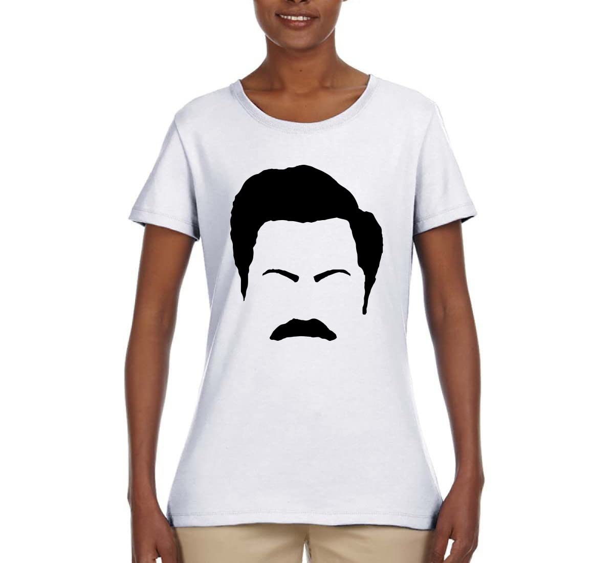 Ron Swanson Mustache Face Silhouette Graphic T-Shirt - Parks and Recreation Pop Culture Tee for Women - Perfect for TV Show Fans, Comedy Lovers & Casual Wear