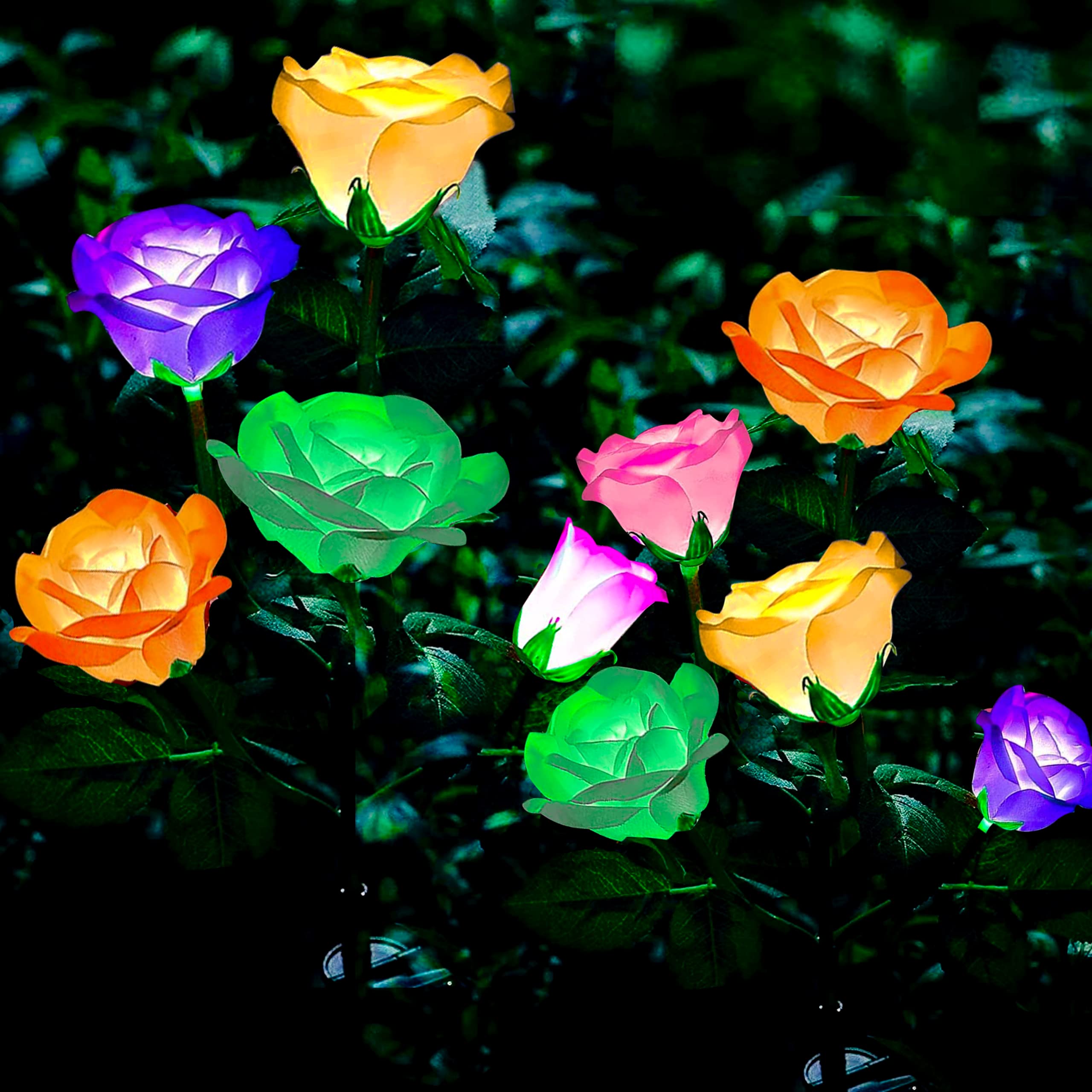 2 Pack Outdoor Solar Lights - 10 Large Rose Flower Solar LED Garden Lights, Waterproof 7 Color Changing Solar Decorative Lights for Patio, Pathway, Courtyard, Garden & Lawn (Blue & Yellow) | Perfect for Romantic Backyard Lighting & Landscape Decoration