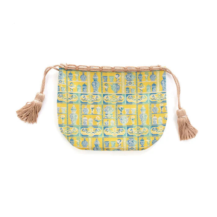 Handmade Kyoto Nishijin Silk Drawstring Pouch - Snake & Yellow Japanese Traditional Craft Purse | Gift, Coin Pouch, Festival Accessory