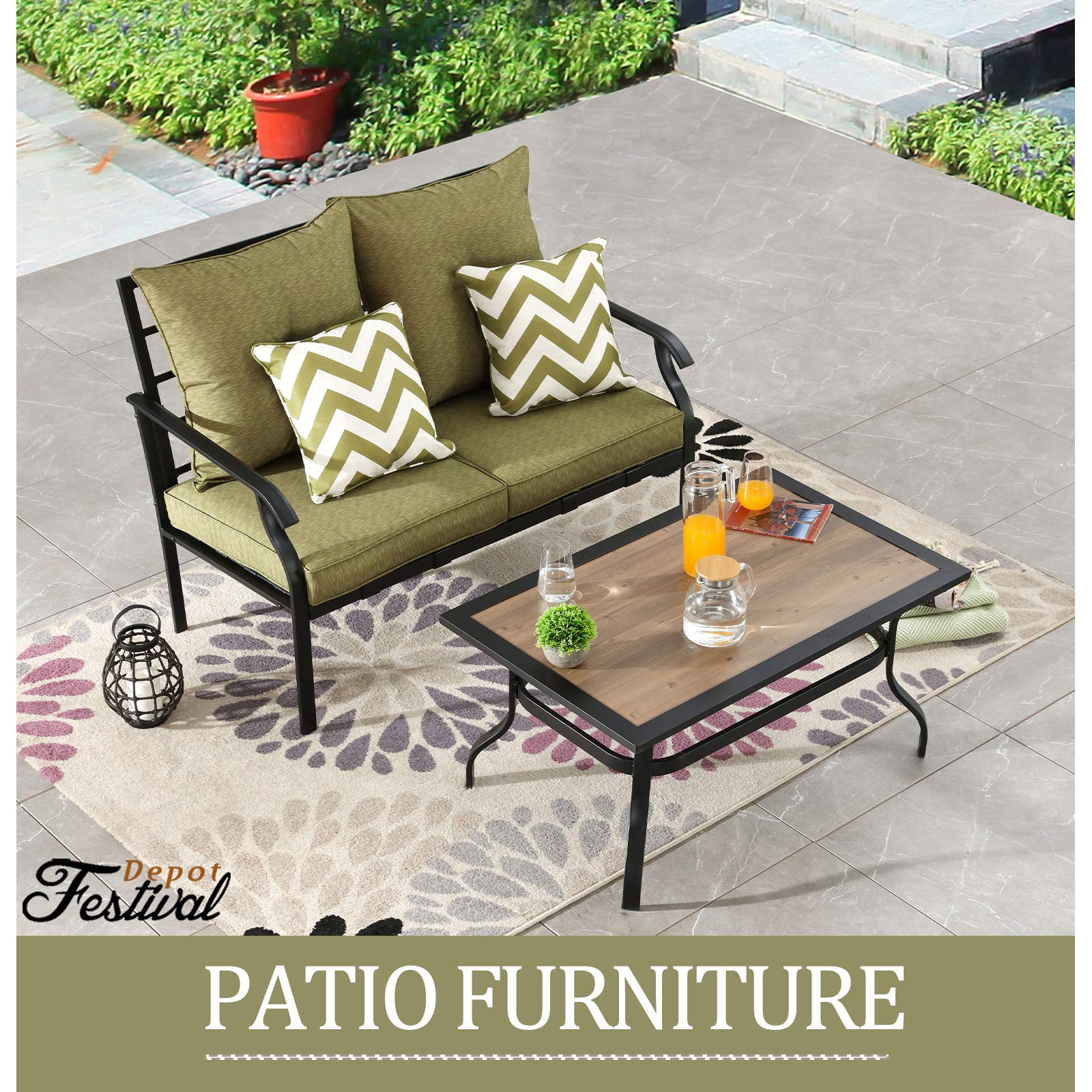 2-Piece Patio Conversation Set with Loveseat, Cushions, Pillows & Coffee Table - Outdoor Metal Garden Furniture for Backyard, Porch (Green) | Perfect for Relaxing, Entertaining & Outdoor Gatherings