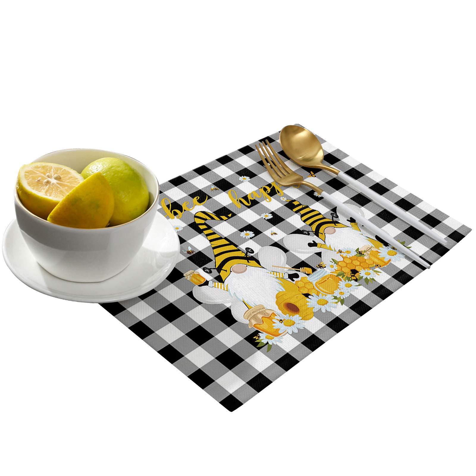 **Gnome Honey Daisy Bee Washable Placemats Set of 4 - 13