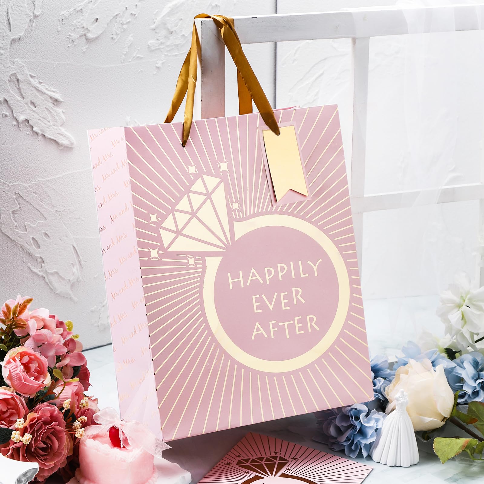 Wedding Gift Bag with Tissue Paper & Card - 10x5x13in, Pink for Parties & Events