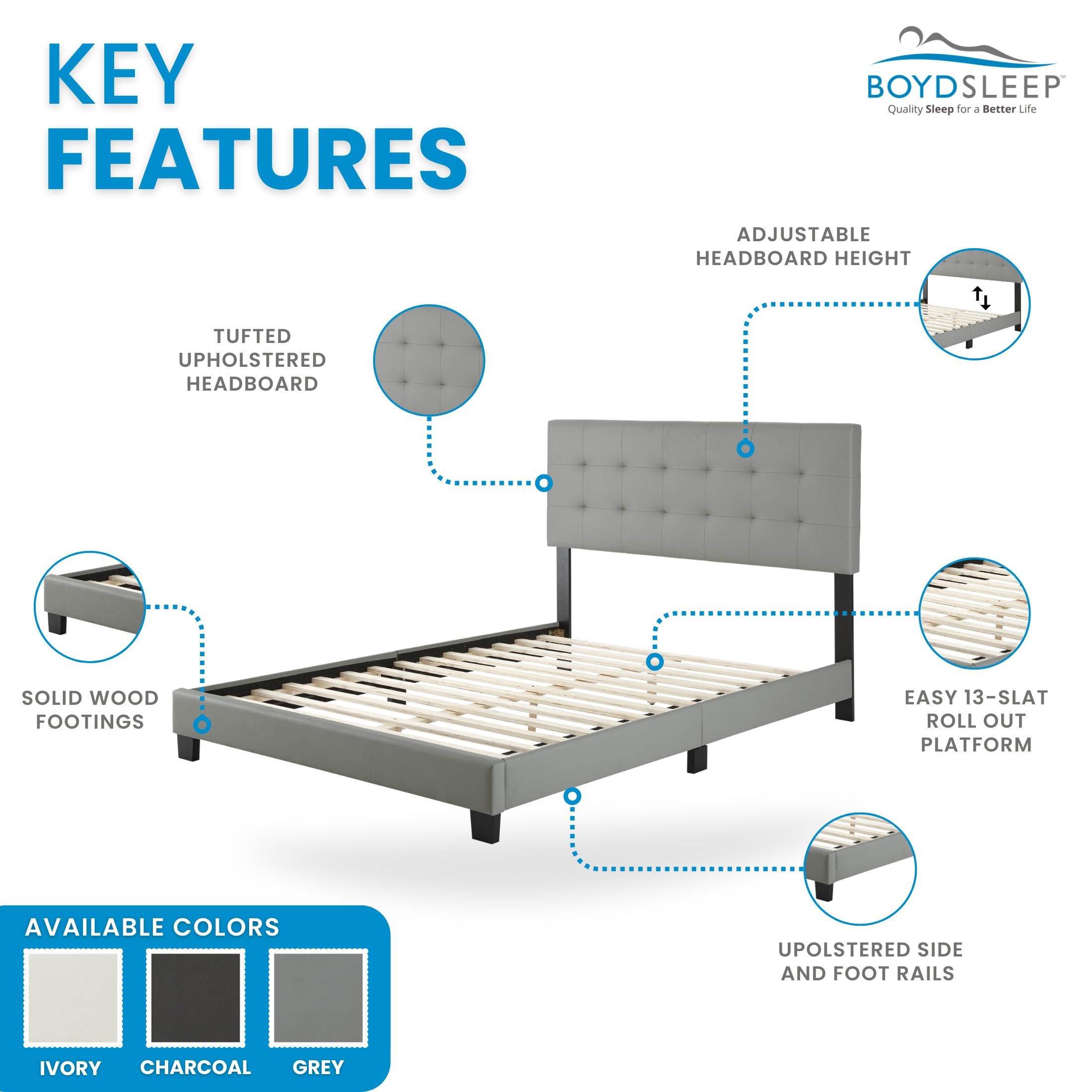Boyd Sleep Roma Gray Vegan Leather Queen Size Platform Bed Frame with Adjustable Headboard - No Box Spring Needed, Easy Assembly, Quiet & Sturdy Mattress Support for Modern Bedroom, Guest Room or Apartment