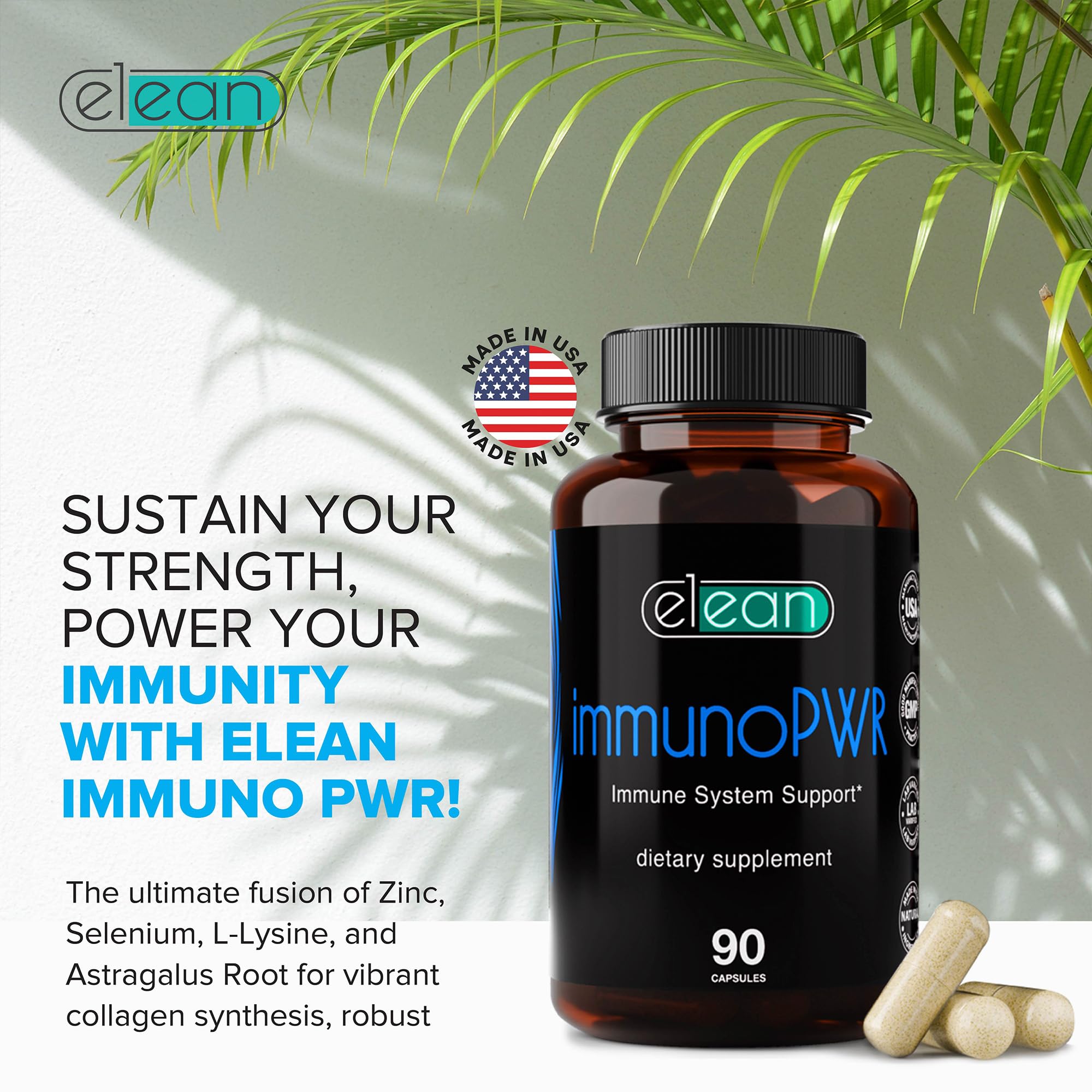 ELEAN Immuno PWR Supplement - Zinc, Selenium, Lysine & Astragalus Root Extract for Collagen Synthesis, Thyroid Support, Energy Boost & Immune Health - 90 Vegan Capsules - Ideal for Daily Wellness, Active Lifestyles & Immune System Maintenance