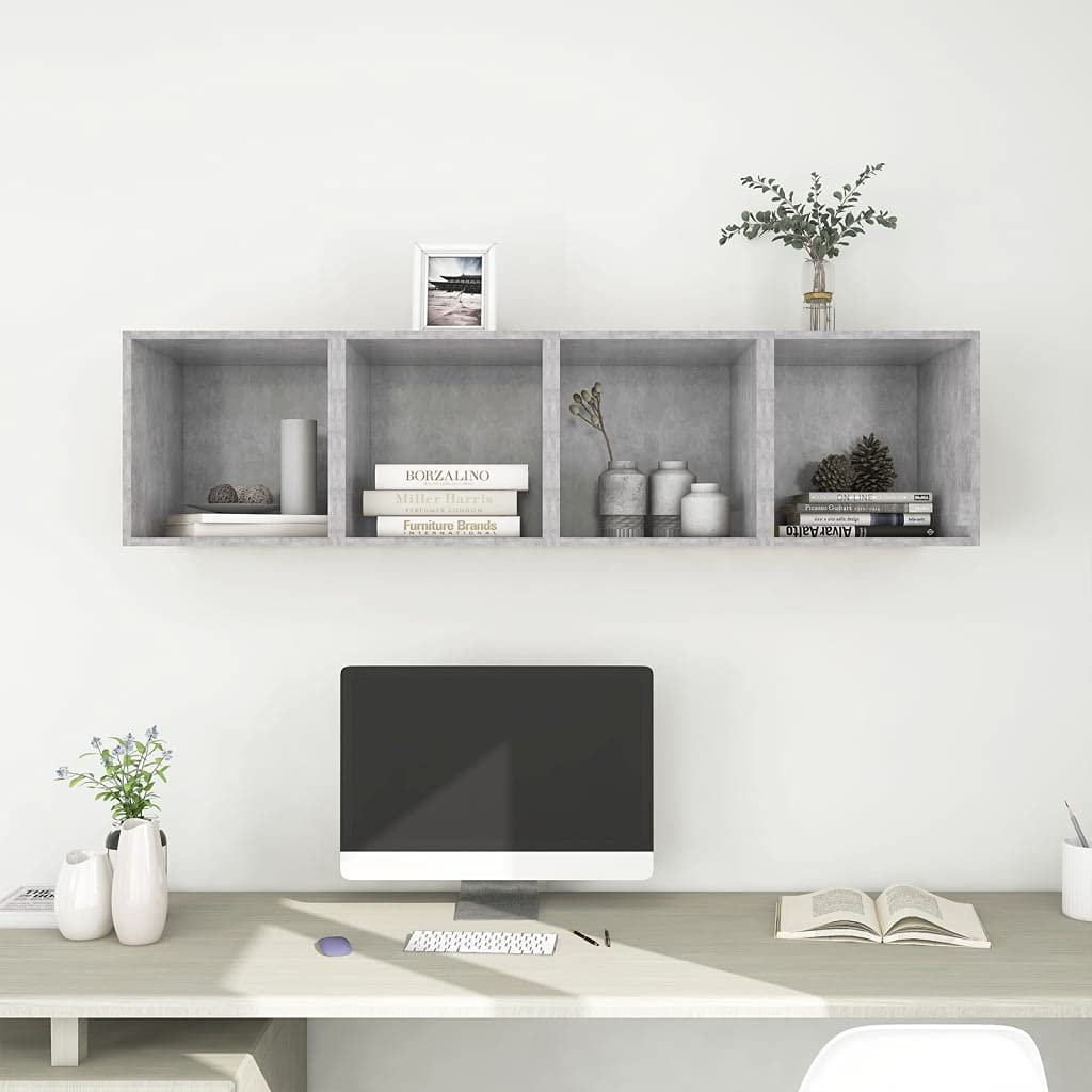 Modern Floating Wall Shelves Set of 4 - Concrete Gray Wall Mounted Storage Display Rack (14.6