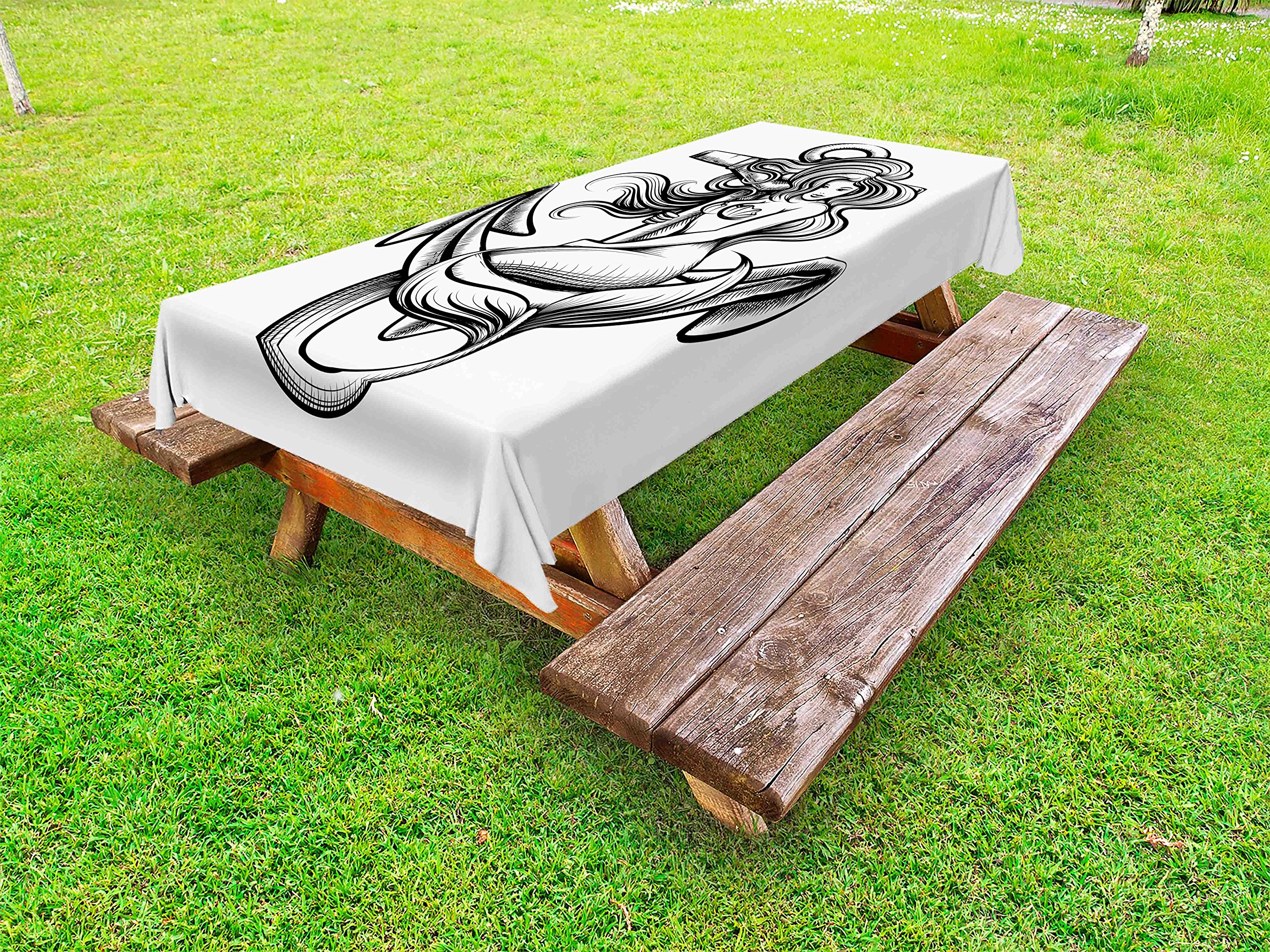 Ambesonne Black and White Anchor Outdoor Tablecloth - Monochrome Mermaid Tattoo Art Design, Greek Folklore Inspired, Washable Picnic Table Cover 58