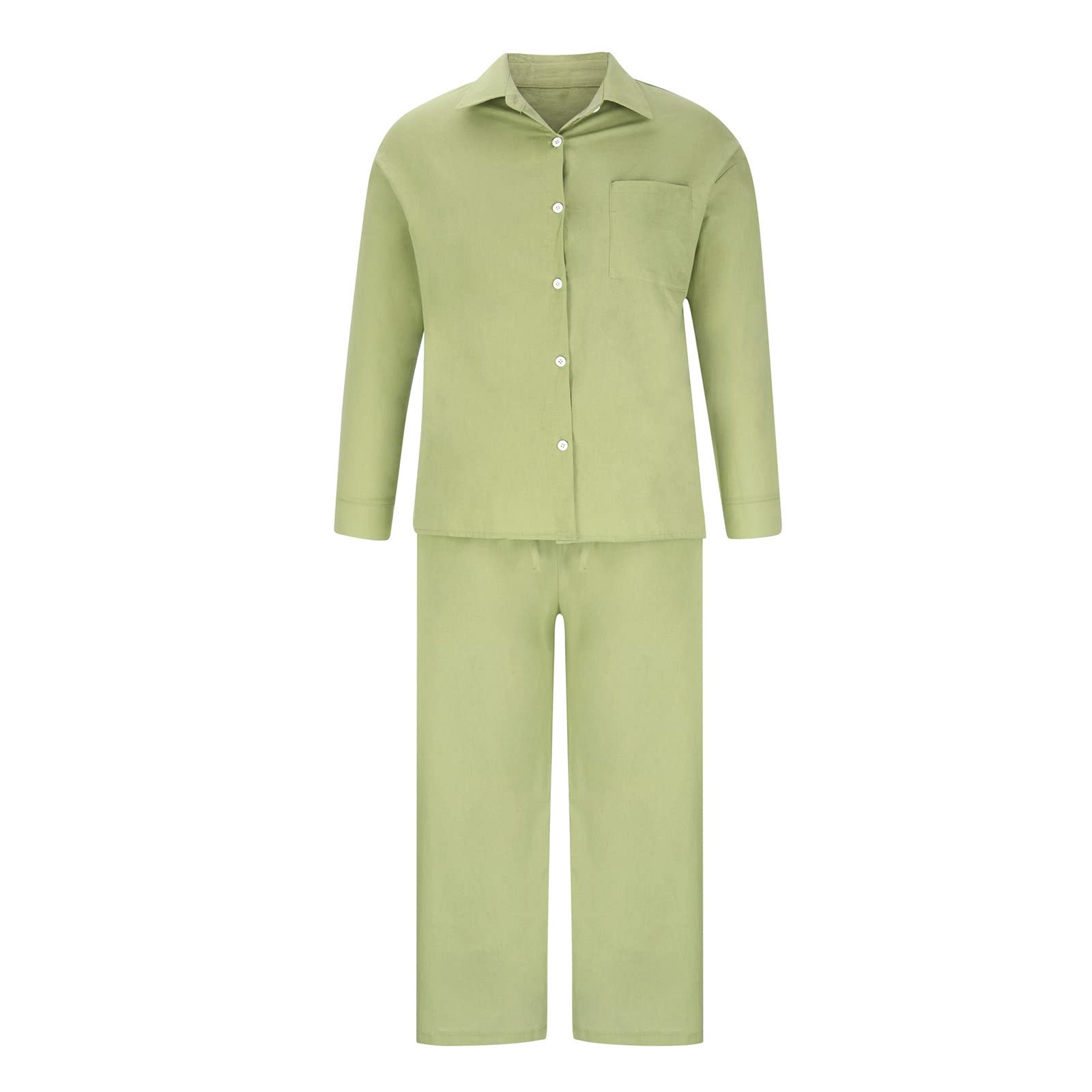 Women's 2-Piece Linen Outfit Set - Button Down Long Sleeve Shirt & Wide Leg Pants | Summer Casual Office Wear & Vacation Travel Outfits