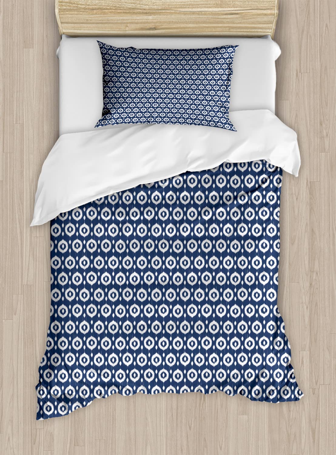 Ambesonne Ikat Duvet Cover Set - Vintage Circles with Dots Pattern, Traditional Ornate Design, 2 Pack Queen Size Bedding Set Includes 2 Duvet Covers & 4 Pillowcases, Dark Blue & White - Perfect for Master Bedroom, Guest Room & Bohemian Home Decor