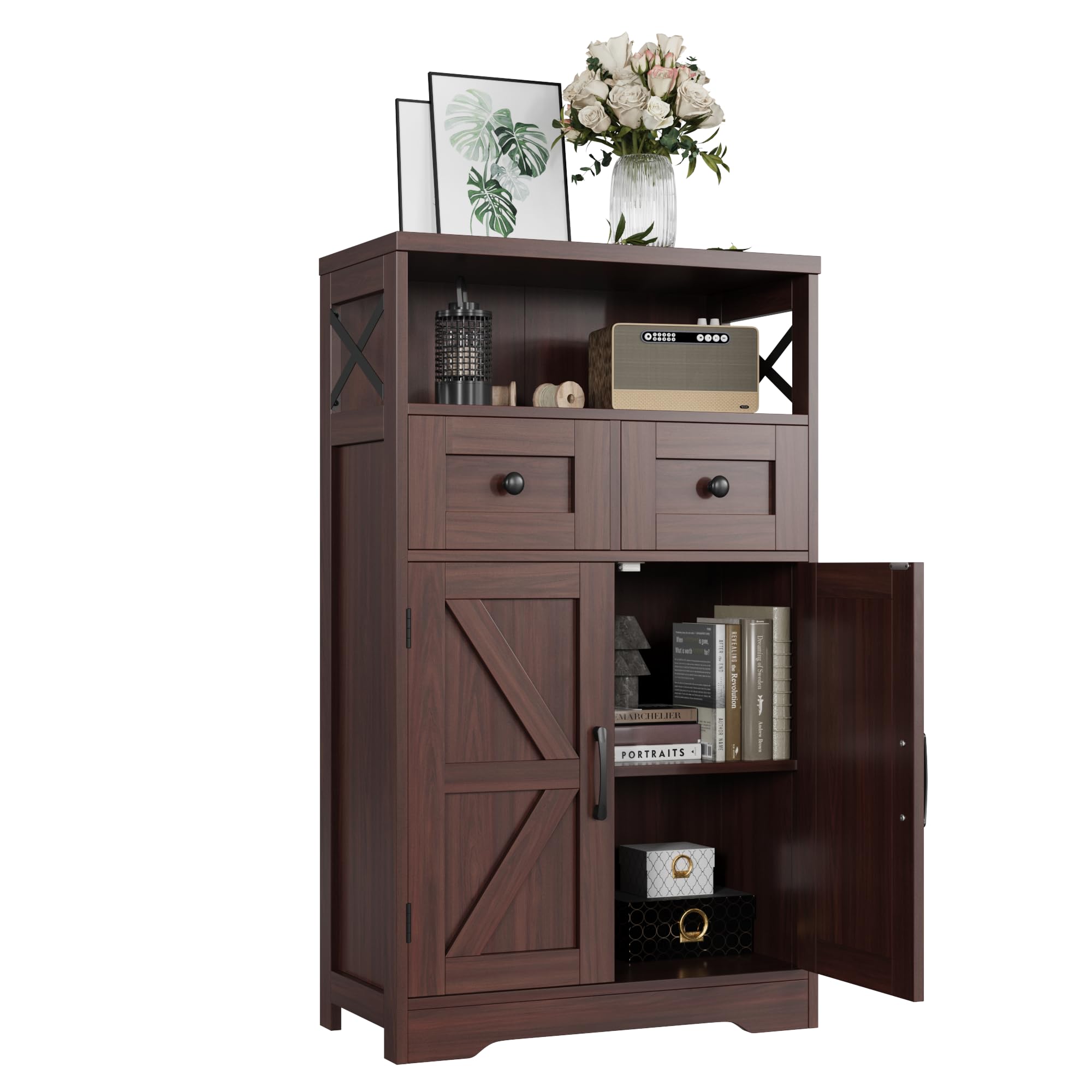 Dark Brown Storage Cabinet with Drawers and Shelves - Standing Kitchen Pantry Organizer, Floor Storage Hutch Cupboard for Coffee Bar Station | Perfect for Dining Room, Living Room & Home Office Organization