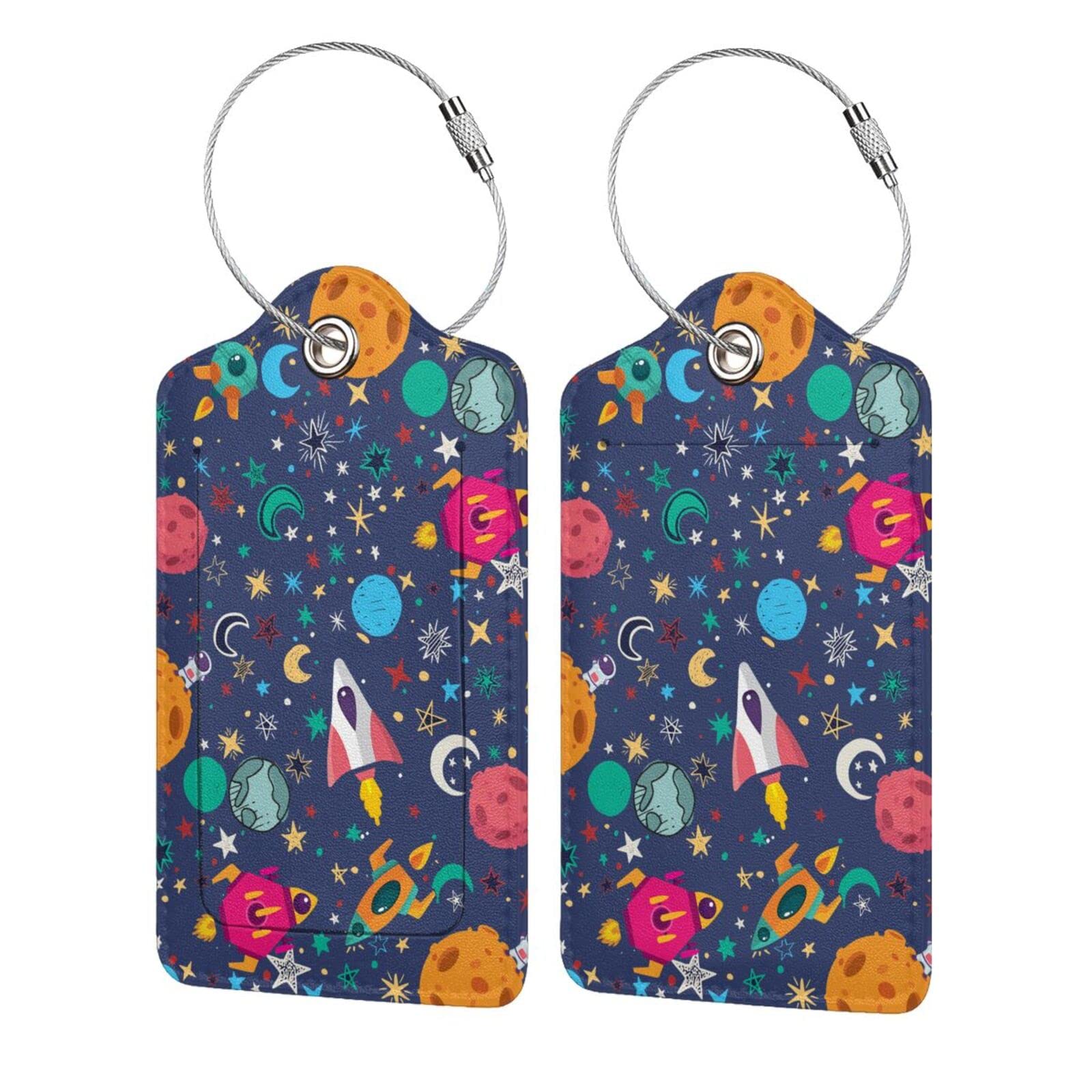2 Pack Space Astronaut Planet PU Leather Luggage Tags with Stainless Steel Loop - Stylish Travel ID Tags for Suitcases, Backpacks & Bags - Perfect for Women, Men & Kids (Great Gift Idea) - Use for Air Travel, Vacation & Business Trips