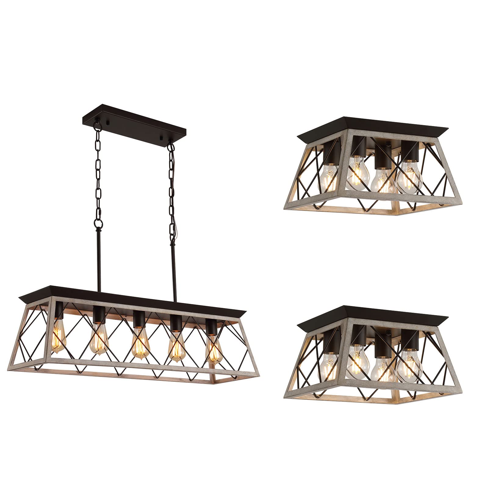 Q&S 5-Lights Rectangular Chandelier & 4-Lights Flush Mount - Rustic Farmhouse Dining Room Lighting Fixture for Kitchen Island, Hallway, Entryway & Foyer | Perfect for Modern Farmhouse Decor & Open Concept Spaces