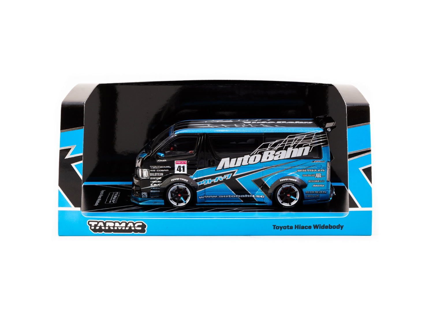 Tarmac Works 1/43 Scale Toyota Hiace Widebody Diecast Model Car - Black & Blue - Collectible Miniature Vehicle for Display & Racing Scenes - Perfect for Hobbyists & Toy Car Enthusiasts (HOBBY43)