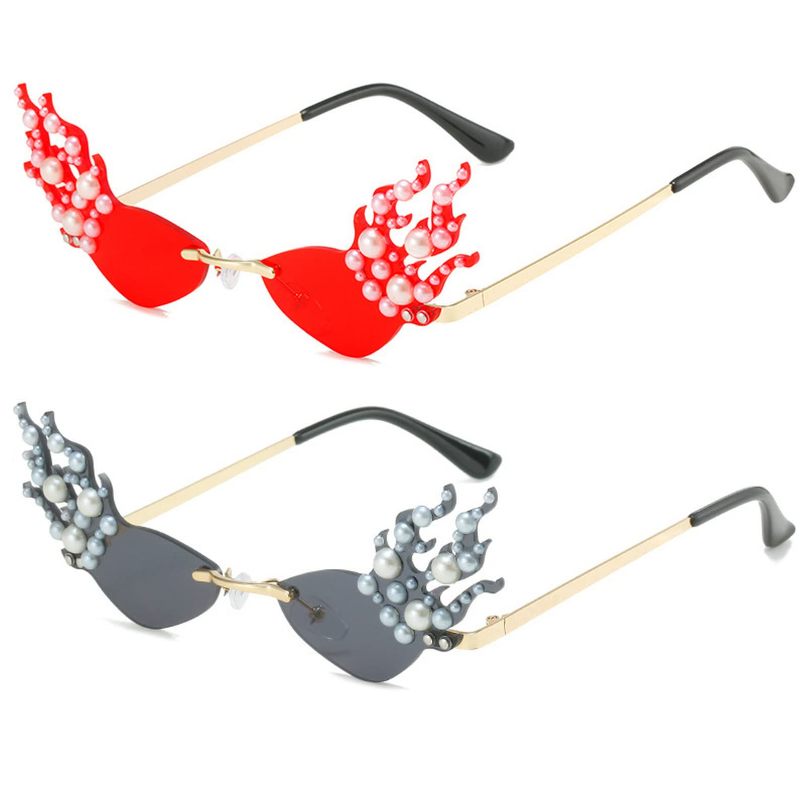Stylish Cat Eye Flame Sunglasses for Women - UV400 Protection Pearl & Rimless Design (2 Pairs) - Perfect for Beach, Driving & Summer Fashion