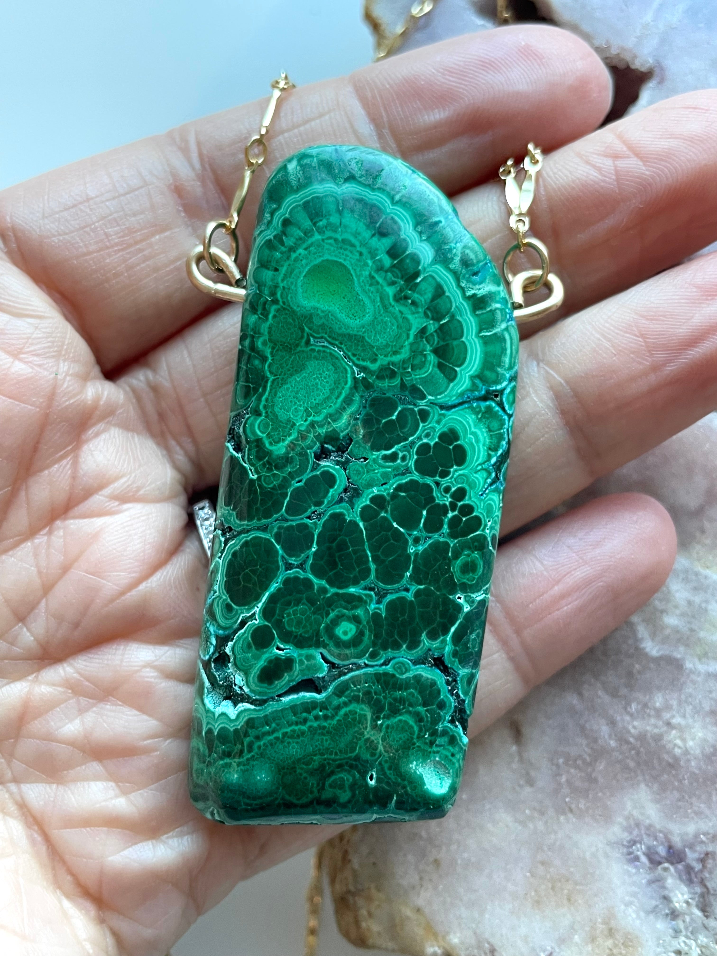 Stunning Large Malachite Statement Necklace in 14K Gold - Elegant Jewelry for Women, Perfect for Parties, Weddings & Special Occasions