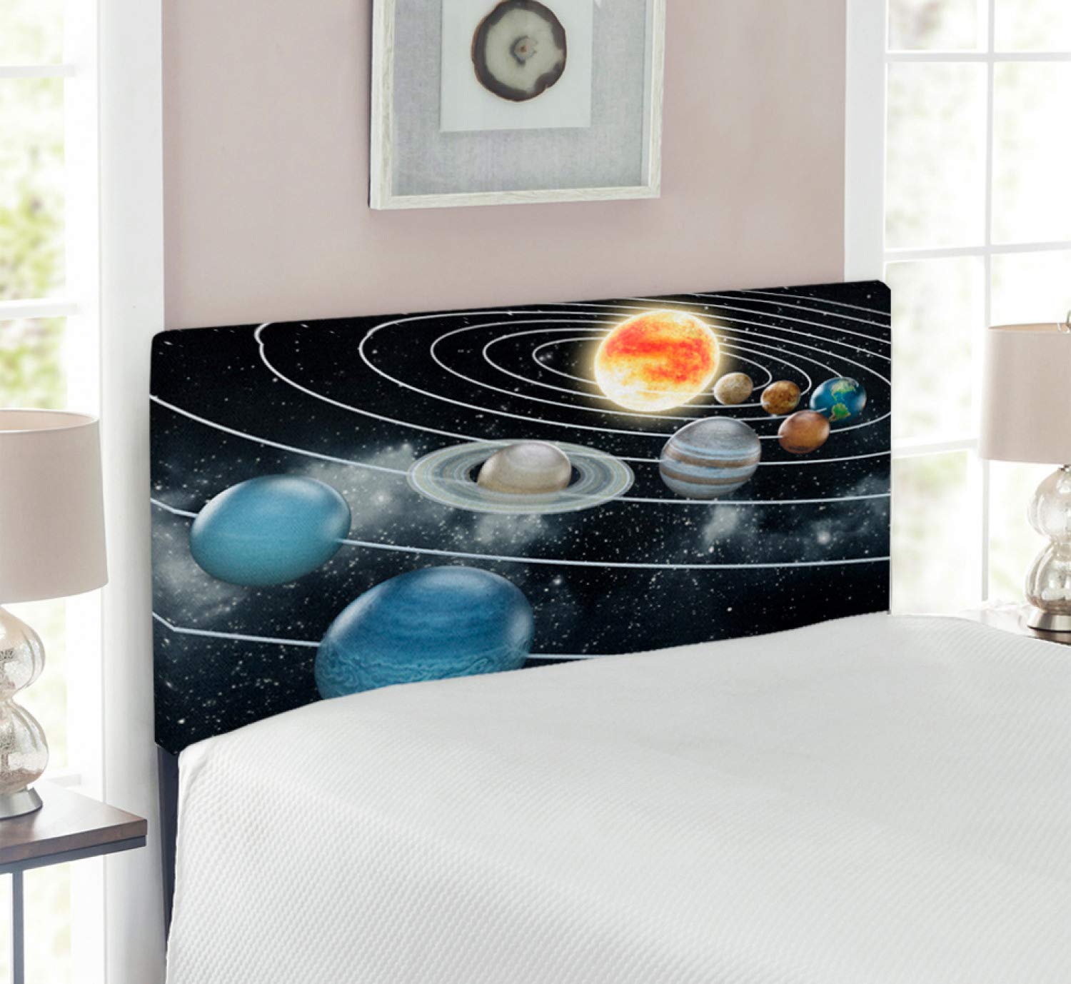 Ambesonne Galaxy Headboard - Solar System Design with All 8 Planets & Sun | Upholstered Metal Bed Headboard with Memory Foam | Twin Size Black Grey | Perfect for Sci-Fi Themed Bedrooms & Astronomy Lovers