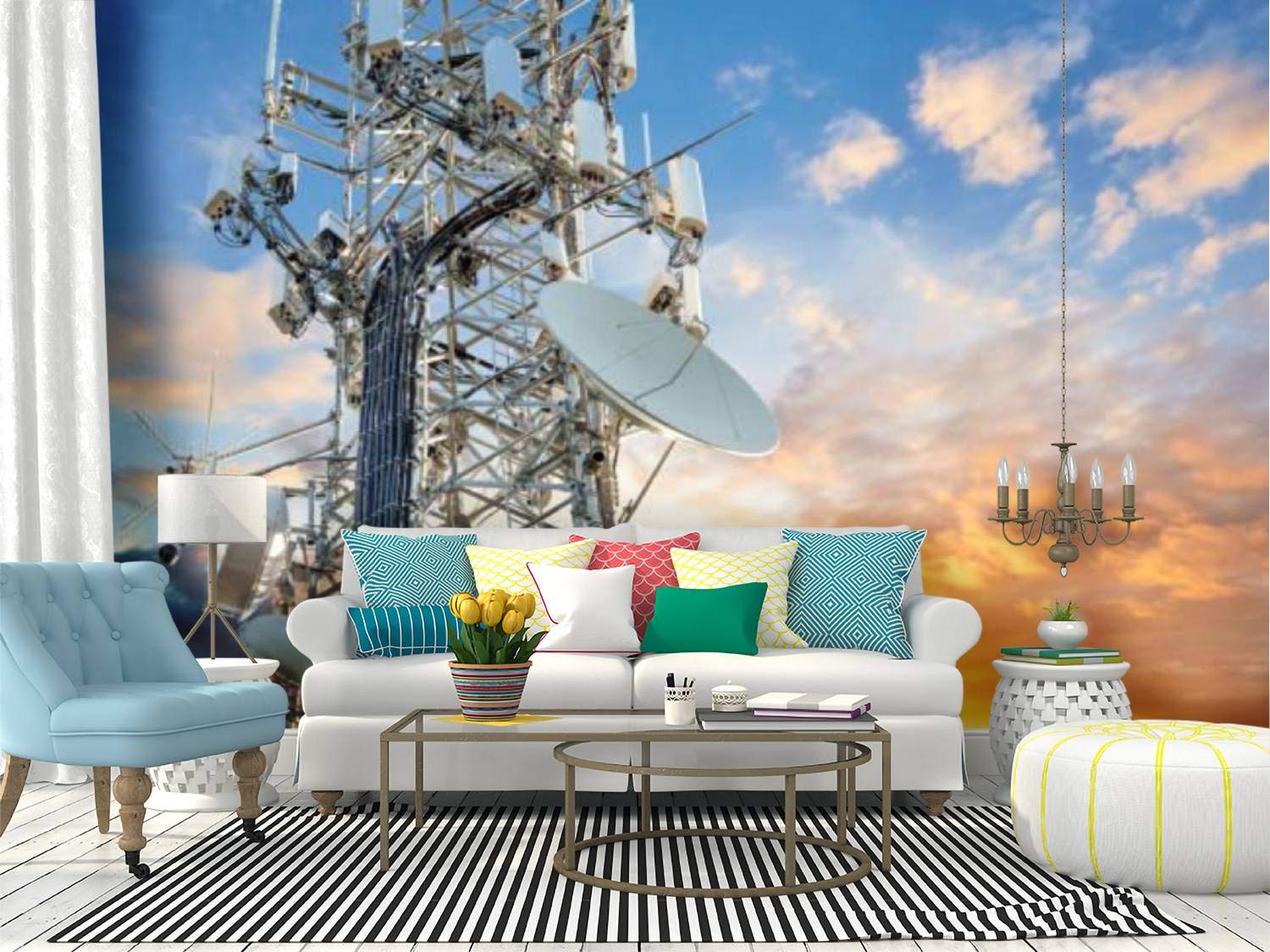 5G Sunset Cell Tower Self-Adhesive Wallpaper Roll - Removable Peel and Stick Decorative Wall Mural for Home & Office - Perfect for Bedroom, Living Room, and Dorm Room Decor