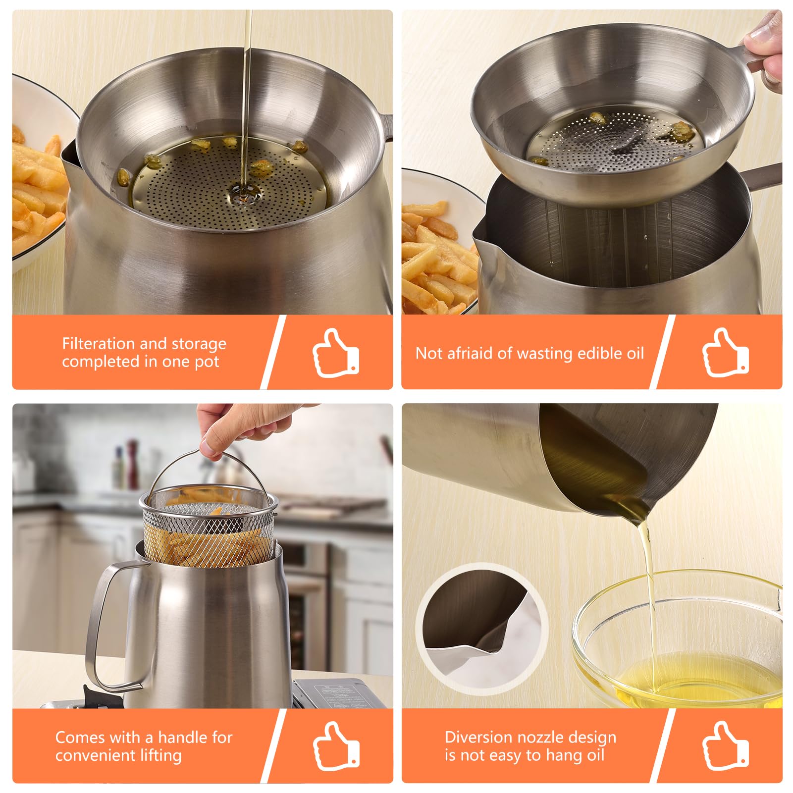 2L Stainless Steel Oil Filter Pot with Strainer - Large Capacity Bacon Grease Saver, Fine Mesh Removable Cooking Oil Filter & Frying Basket - Perfect for Kitchen, Storing Grease, Deep Frying, and Food Preparation
