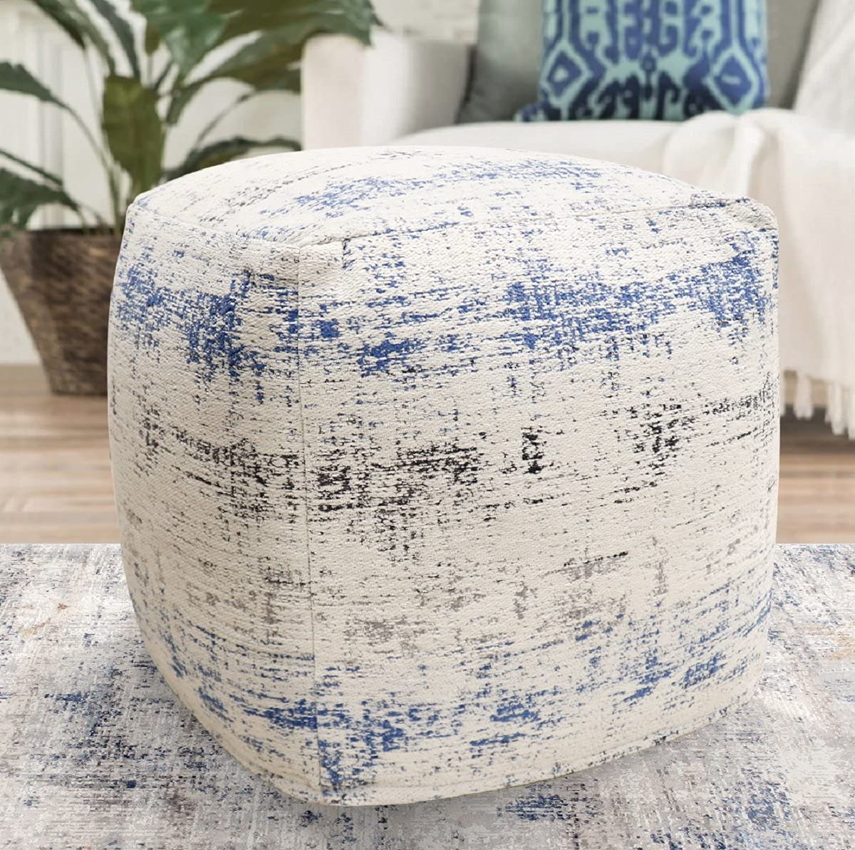 Pasargad Home Grand Canyon Distressed Cotton Pouf - Jacquard Woven Square Ottoman with Polly Beads Filling - 20x20x20 Inch Ivory/Blue Footrest & Lounge Seat - Luxury Living Room Decor for Sofa, Bedroom & Reading Nook