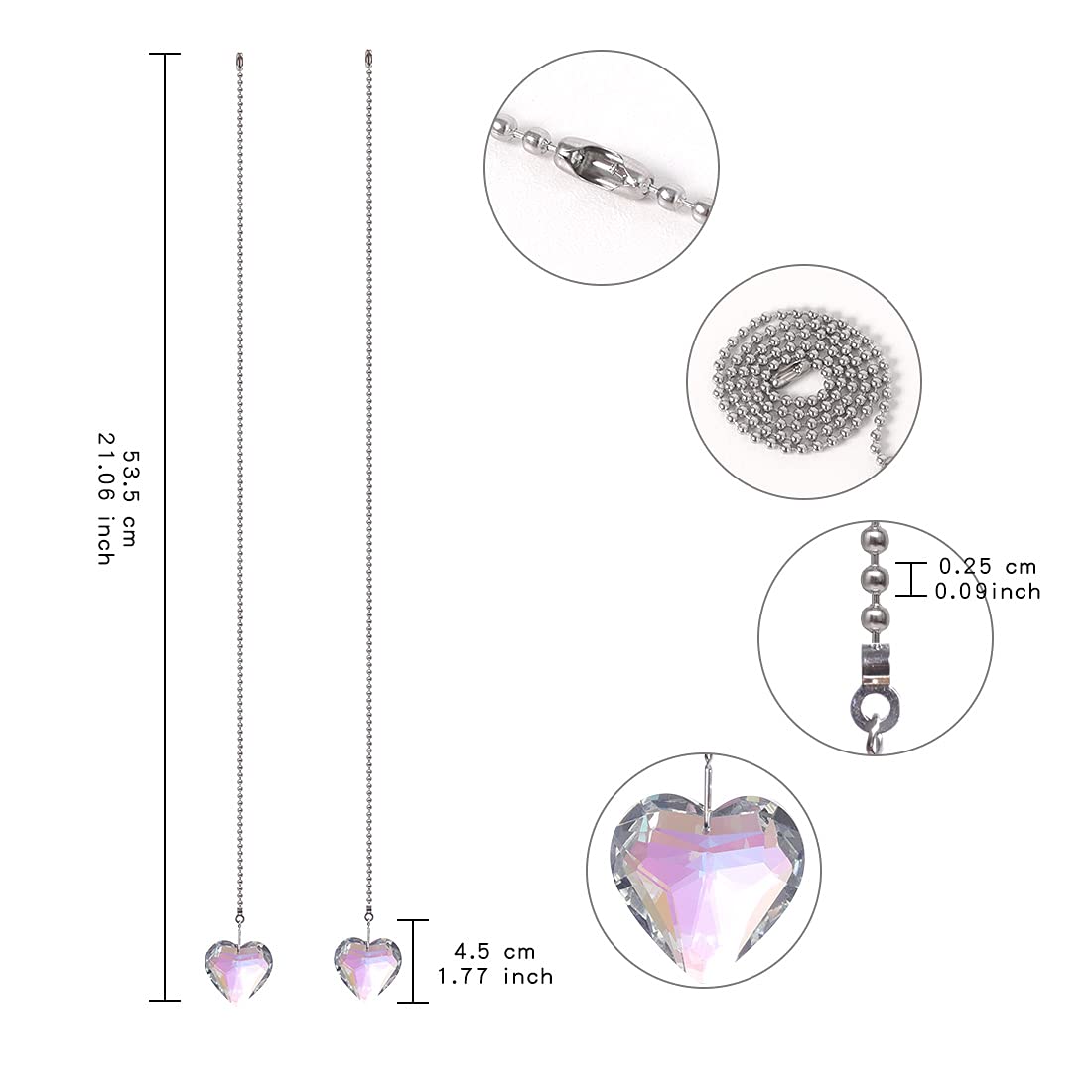 Dazzling Crystal Ceiling Fan Pull Chain Set - 45mm Crystal Heart & AB Coat Crystal Prism Ball (Pack of 2 with Connector) | Elegant Home Decor for Living Room, Bedroom & Porch