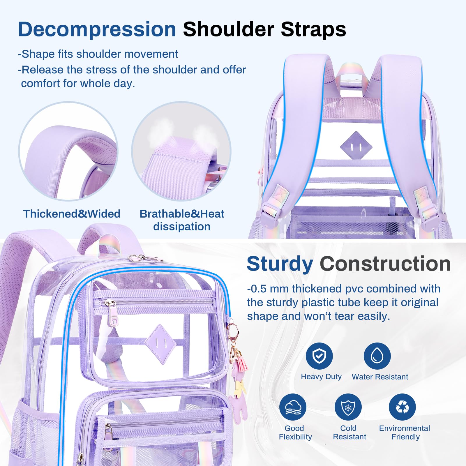 Clear Backpack for School & Travel - Heavy Duty PVC Transparent Bookbag with Multiple Pockets for Women & Teens | Waterproof See-Through Stadium Bag with Leather Pendant (Pink) - Perfect for School, Concerts, Airport Security & Theme Parks