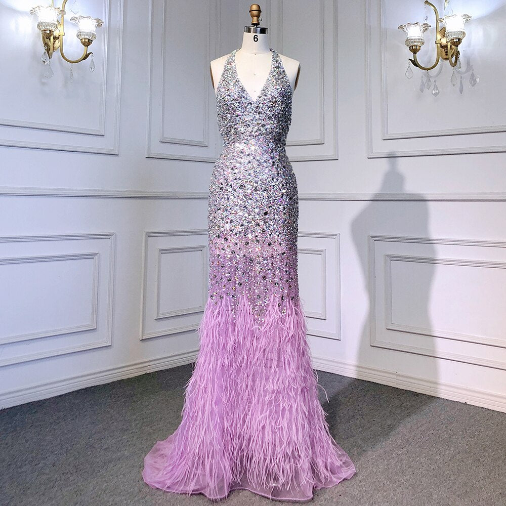 Elegant Purple Mermaid Evening Dress with Spaghetti Straps - Shiny Beaded Feather Gown for Women | Perfect for Prom, Cocktail Party & Special Occasions 2025