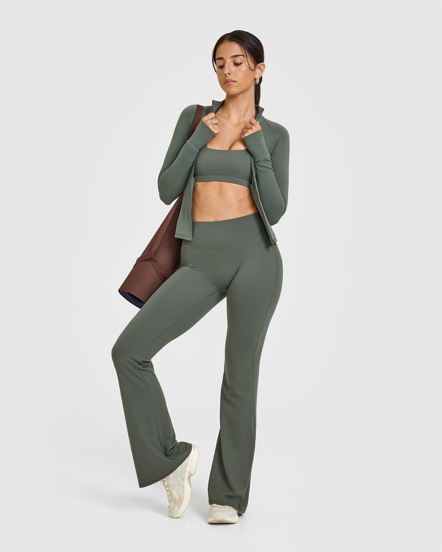SoftMotion™ Flared Yoga Pants for Women - Dark Khaki | High Waisted Stretchy Workout Leggings | Perfect for Yoga, Gym & Lounge Wear