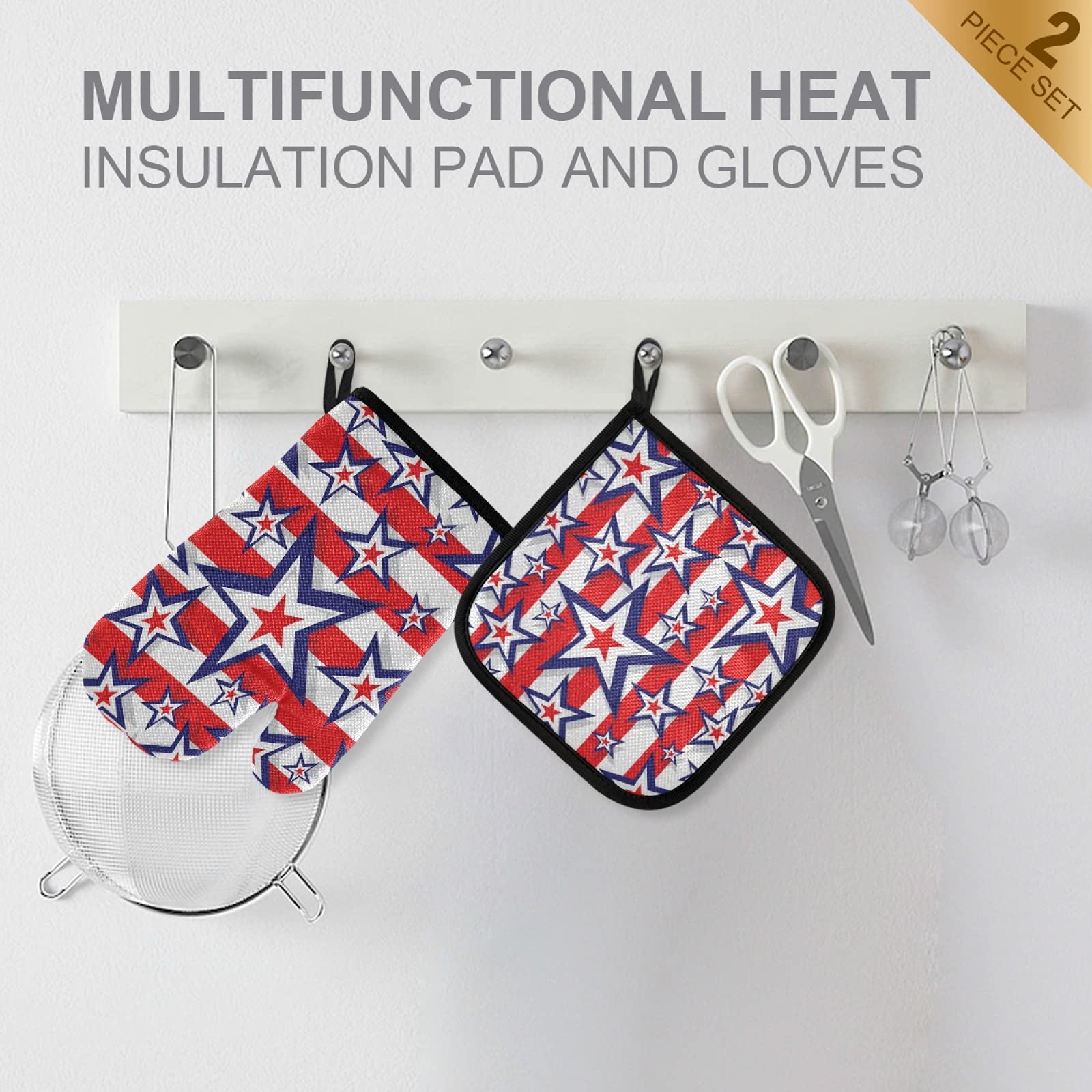 QUGRL Stars and Stripes Oven Mitts & Pot Holders Set - Heat Resistant Kitchen Gloves for Baking, Cooking, BBQ - Patriotic 4th of July Kitchen Accessories - Perfect for Holiday Cooking, Grilling & Home Decor