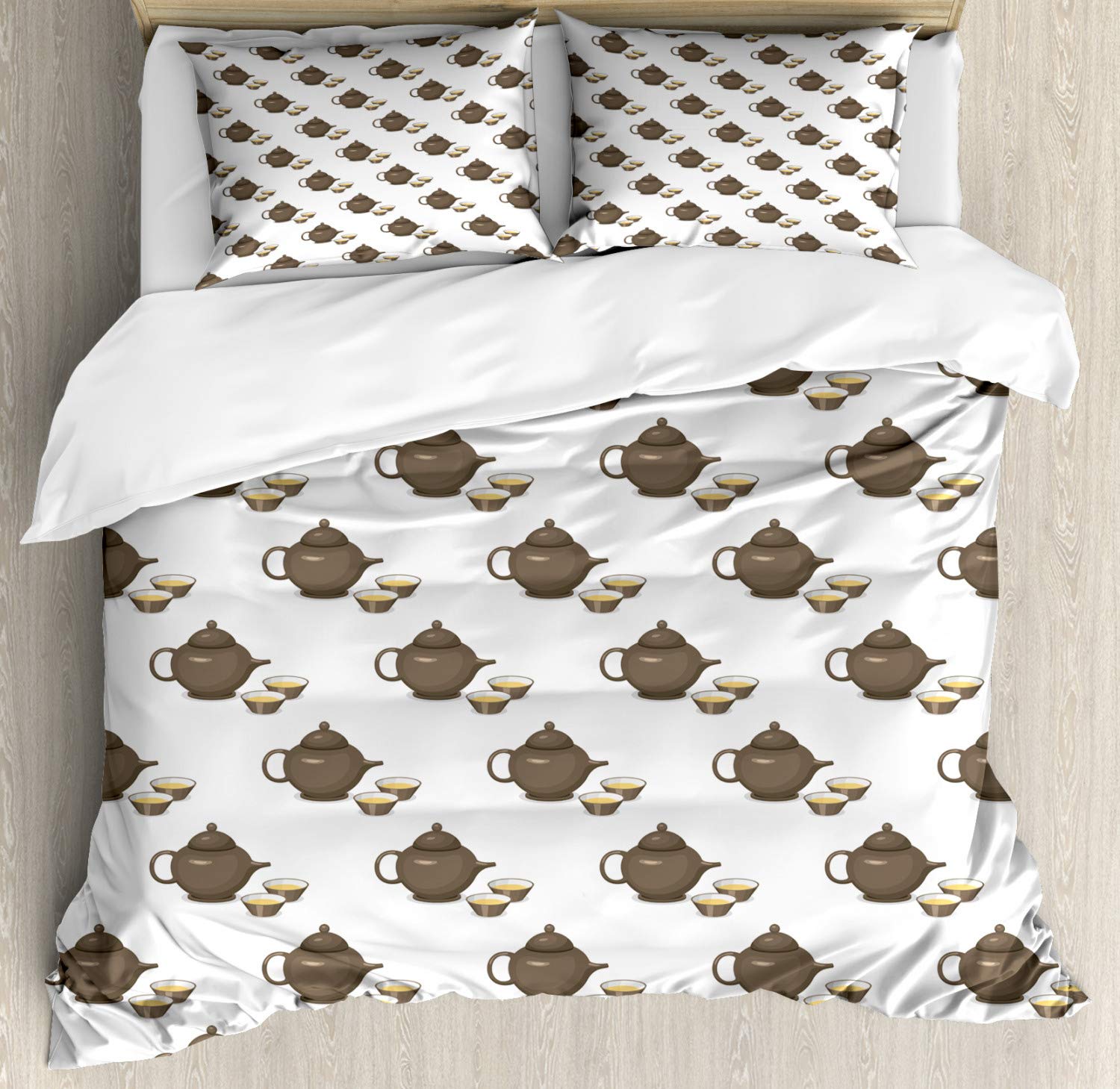 Asian Style Teapot & Cup Art Print Duvet Cover Set - King Size 3 Piece Bedding with 2 Pillow Shams in White & Taupe | Perfect for Tea Lovers' Bedroom Decor & Breakfast-In-Bed Theme