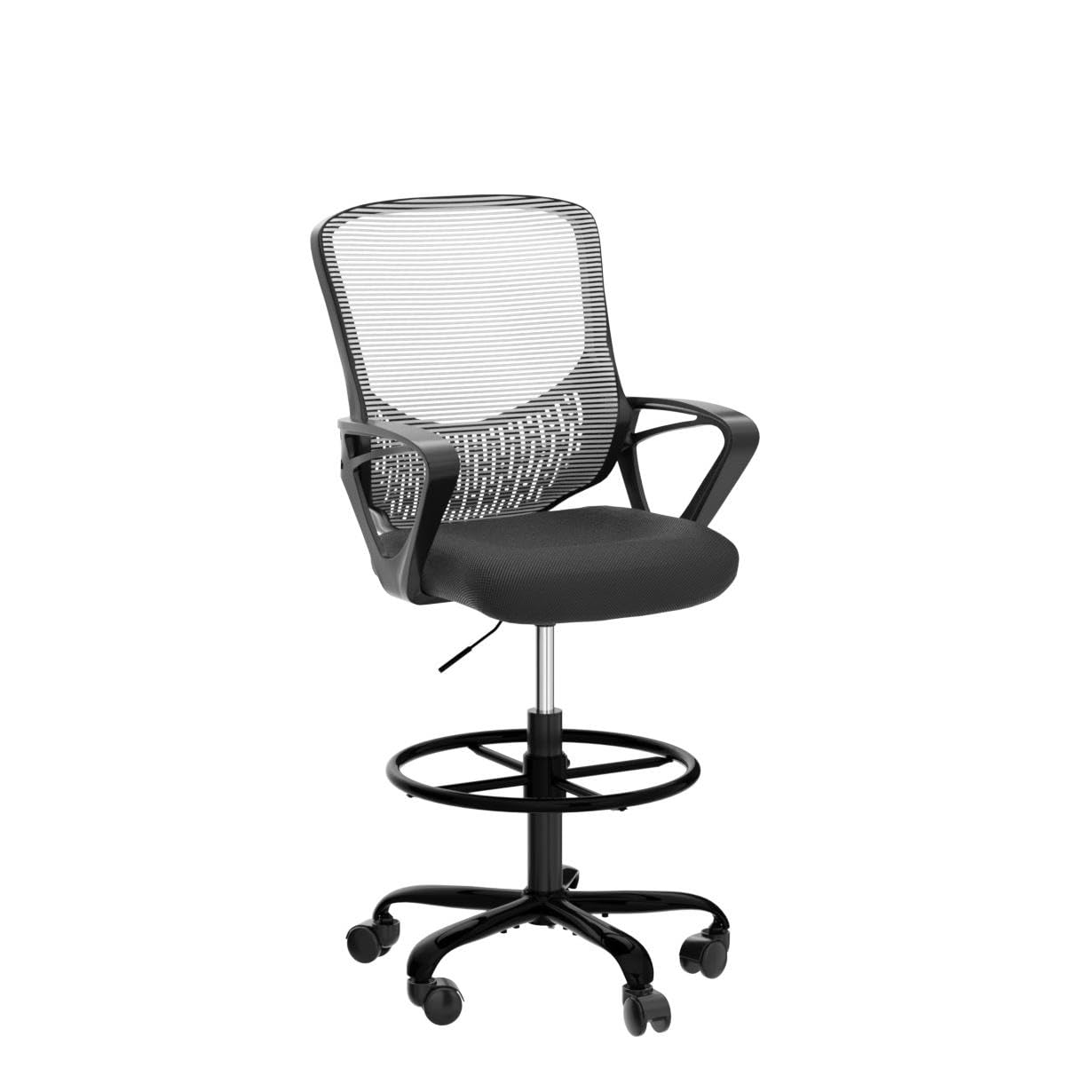 Ergonomic Adjustable Height Mesh Office Chair with Armrests & Foot Ring - Tall Standing Drafting Chair for Computer Work, Home Office & Studio - Black