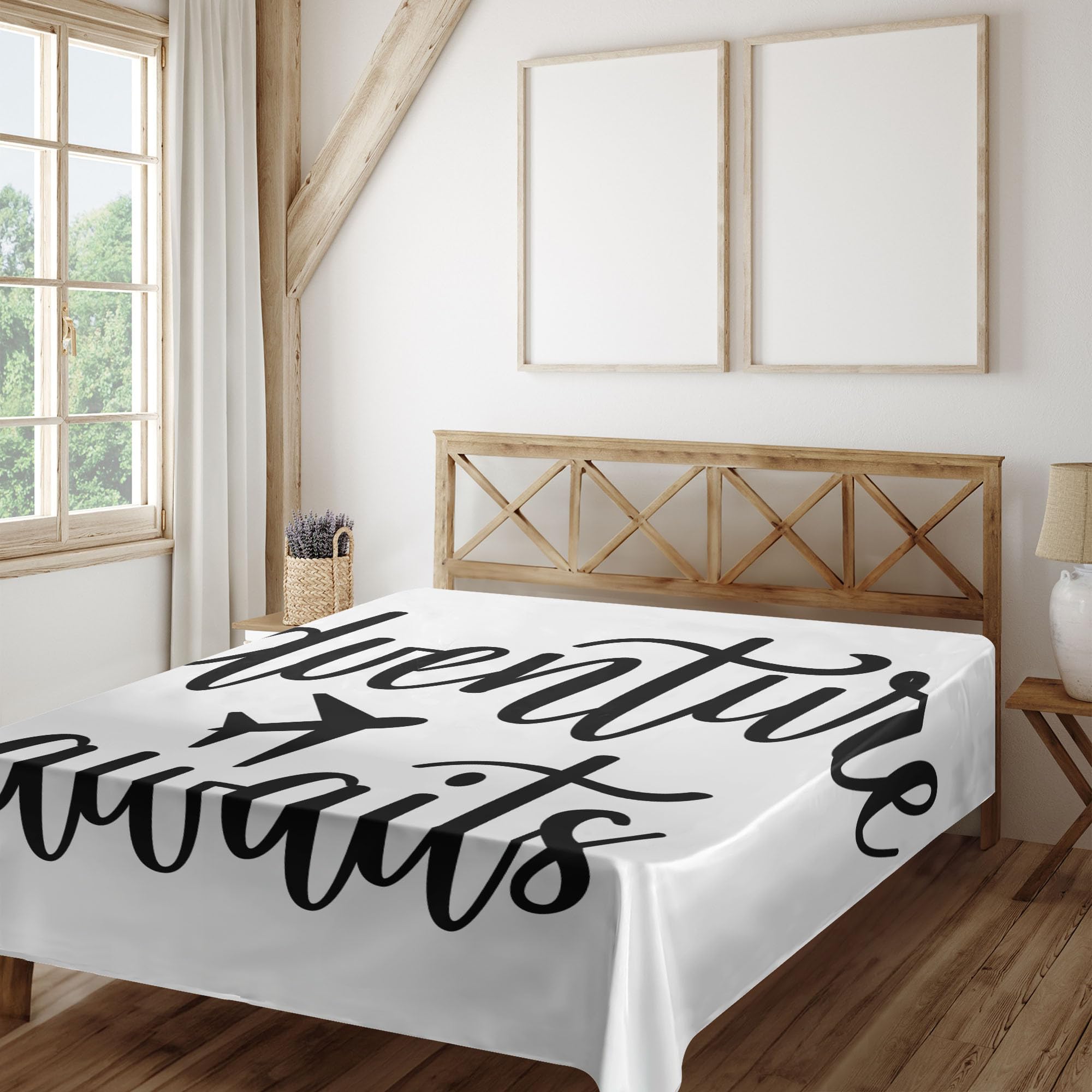 Ambesonne Travel Themed Queen Size Flat Sheet - Airplane & New Destinations Monochrome Design, Soft Comfortable Bedding for Home & Hotel Use (1 Piece, White & Black) | Perfect for Vacation Decor, Guest Rooms & Cozy Bedroom Styling
