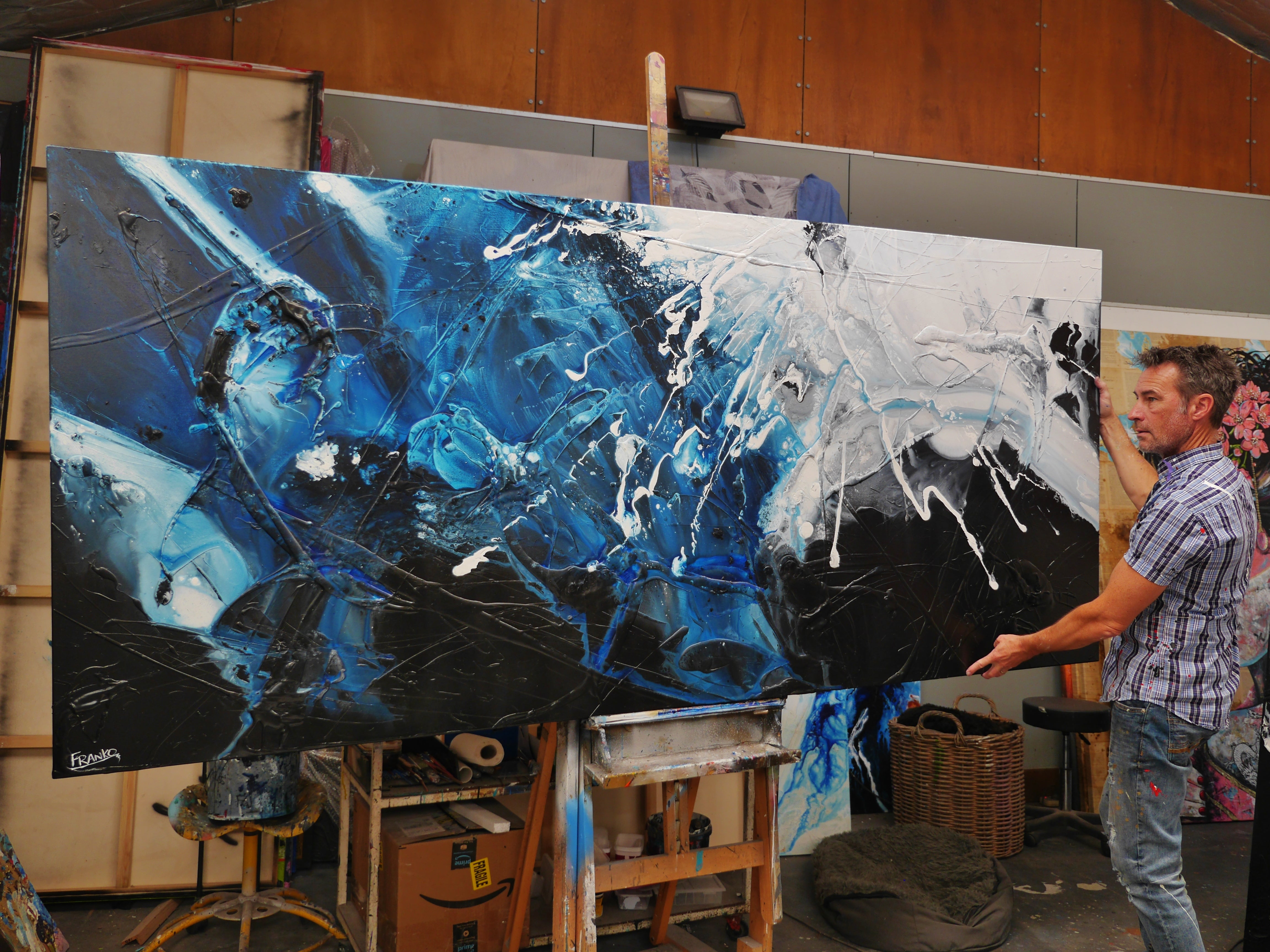 270cm x 120cm Black Blue White Textured Abstract Canvas Wall Art - Modern Large Painting for Living Room, Bedroom & Office Decor