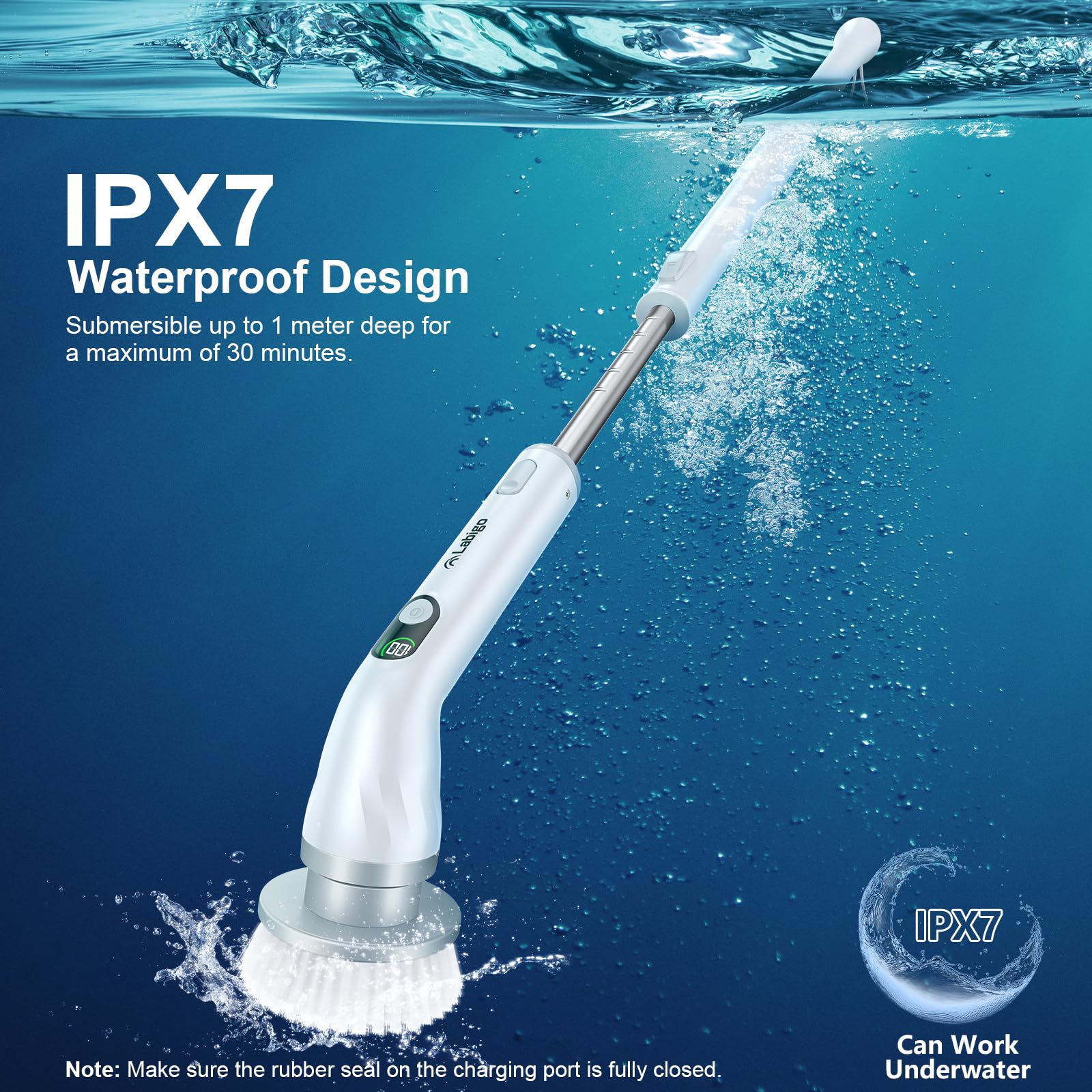LABIGO Electric Spin Scrubber LA4 Pro - Cordless Cleaning Brush with 6 Replacement Heads, Adjustable Handle & 2-Speed Modes for Bathroom, Shower, Tile, Tub - Perfect for Deep Cleaning Floors, Walls and Hard-to-Reach Areas