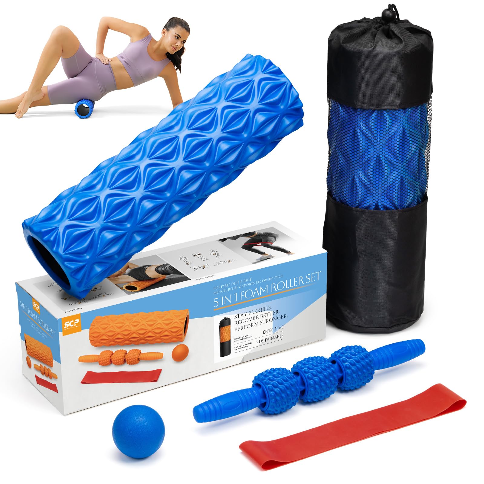 5 in 1 High Density Foam Roller Set with Muscle Roller Stick, Massage Ball, Resistance Bands - Deep Tissue Massage for Yoga, Pilates, Workout Recovery & Trigger Point Release - Perfect for Home Gym, Physical Therapy & Post-Workout Stretching