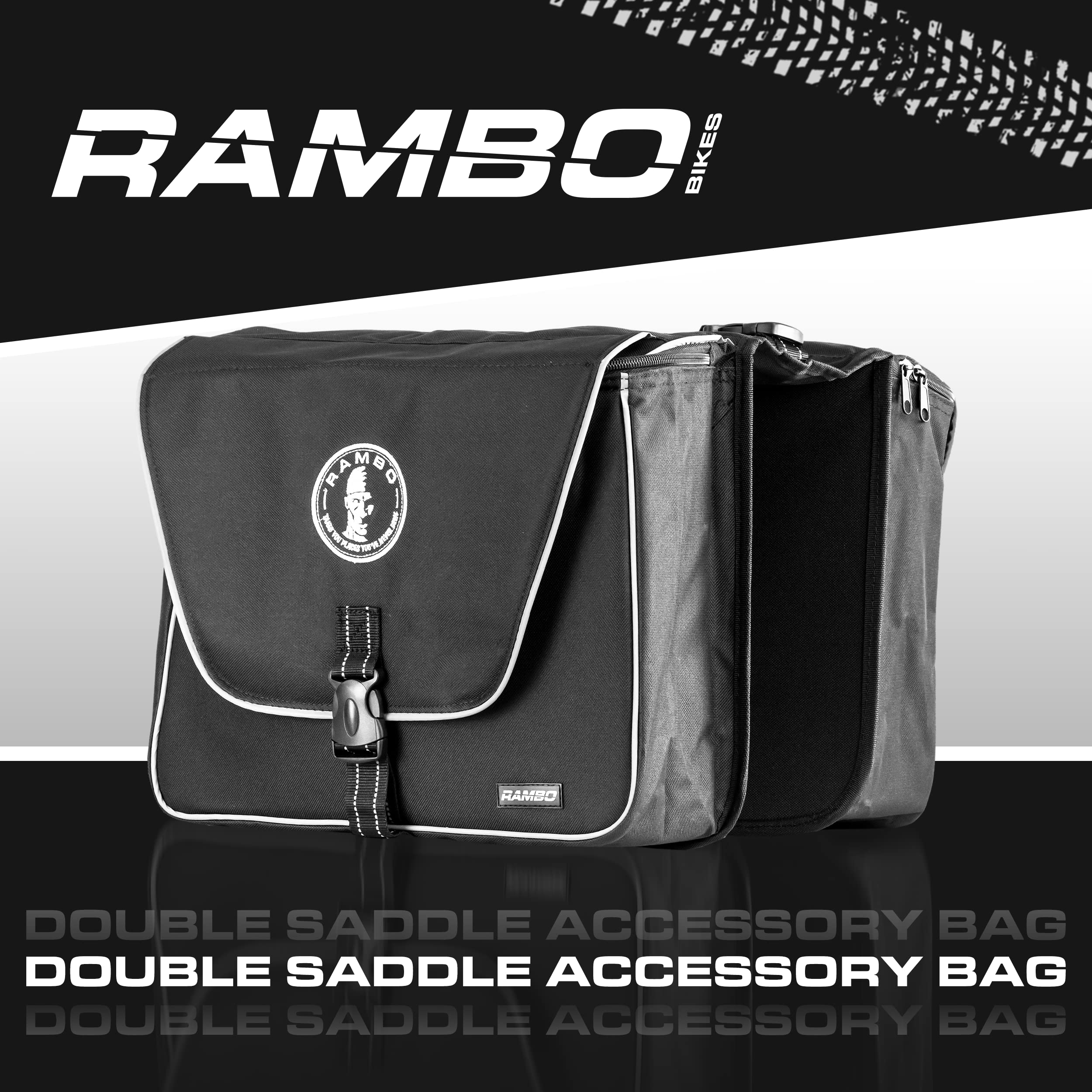 **Rambo Bikes Double Saddle Bag - 20L Waterproof Bike Storage Bag - Durable Nylon Material & Secure Mounting System - Fits Most Bike Racks - Black - Perfect for Commuting, Cycling Tours & Outdoor Adventures**