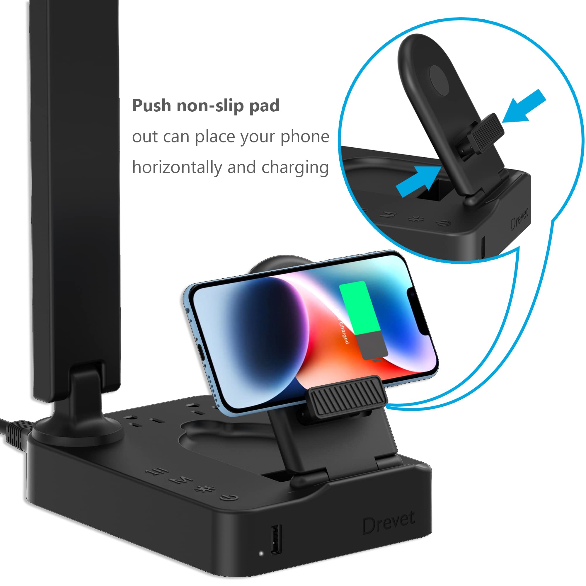 Drevet LED Desk Lamp with Wireless Charger & USB Port - 3 Lighting Modes, Adjustable Brightness, Touch Control - Foldable Eye-Caring Light for Home Office, Study, Reading & Nightstand Use