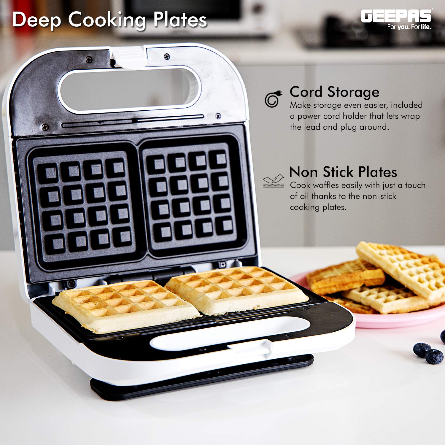 Geepas 750W 2-Slice Belgian Waffle Maker - Non-Stick Electric Waffle Iron with Thermostat Control & Deep Plates - Fast 5-Min Waffles - Perfect for Breakfast, Brunch & Family Gatherings - 2-Year Warranty